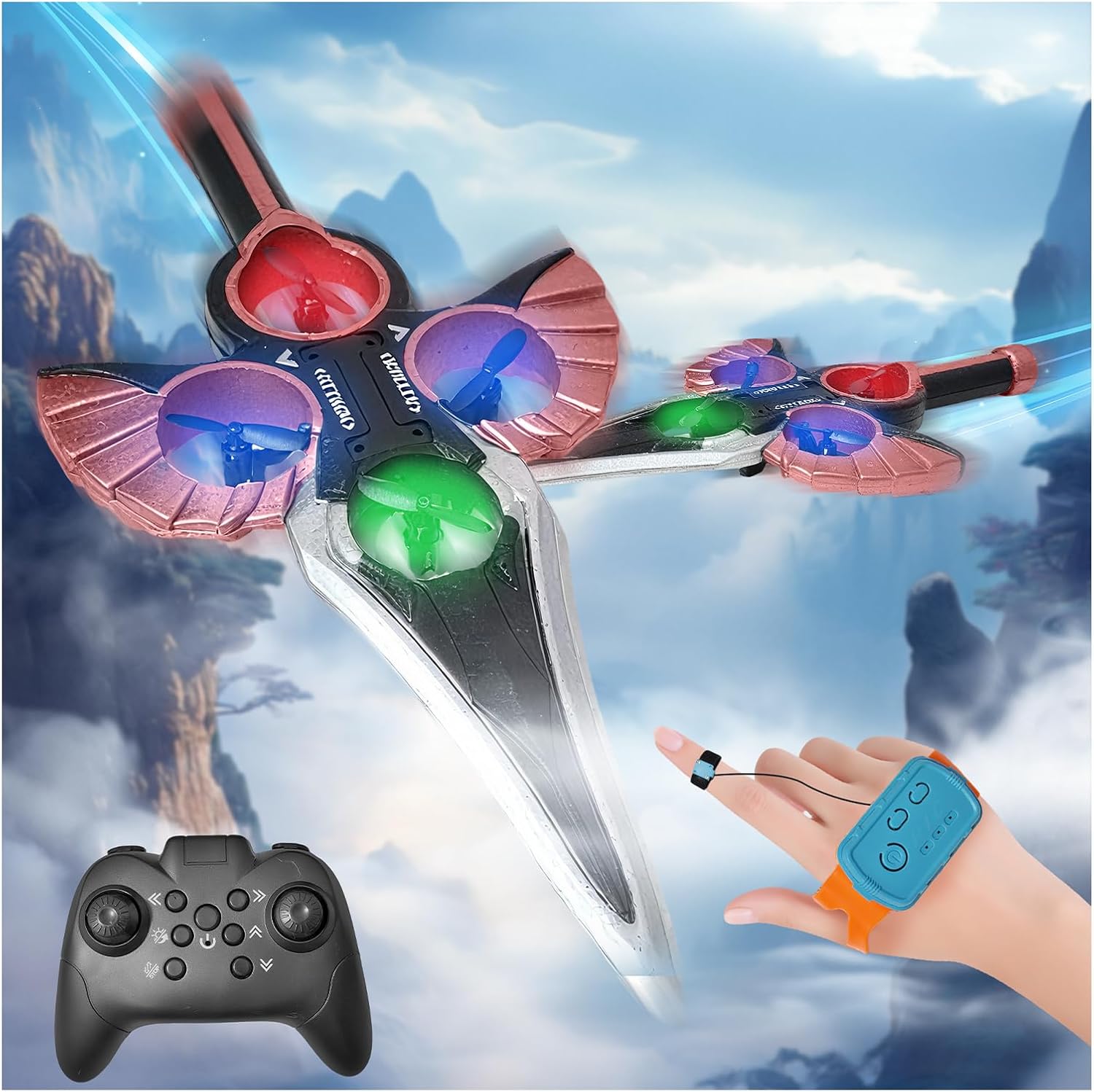 Flying Sword RC Airplane, Gesture Control Airplanes for Kids Adult 8-16, Remote Control Planes with Light, 360° Flip Fighter Jet Toy, Gravity Sensing, Stunt Roll, Gift for Boy Girl, Rose Gold