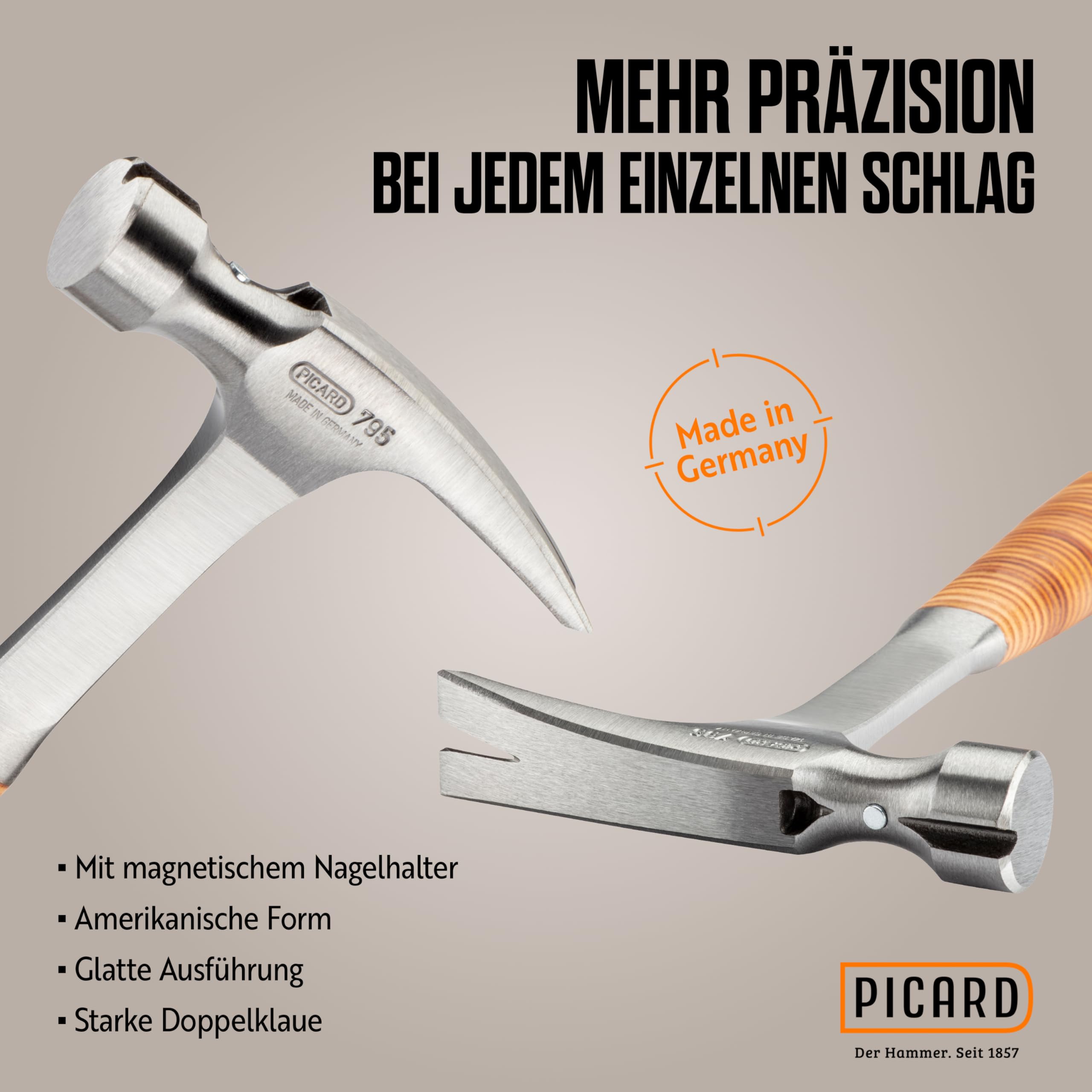 PICARD Ganzstahl-Rip-Hammer Nr. 795 glatt 1000g | Amerikanische Form | Magnetischer Nagelhalter | Ergonomischer Ledergriff | Korrosionsgeschützt | Effizientes Design | Made in Germany seit 1857
