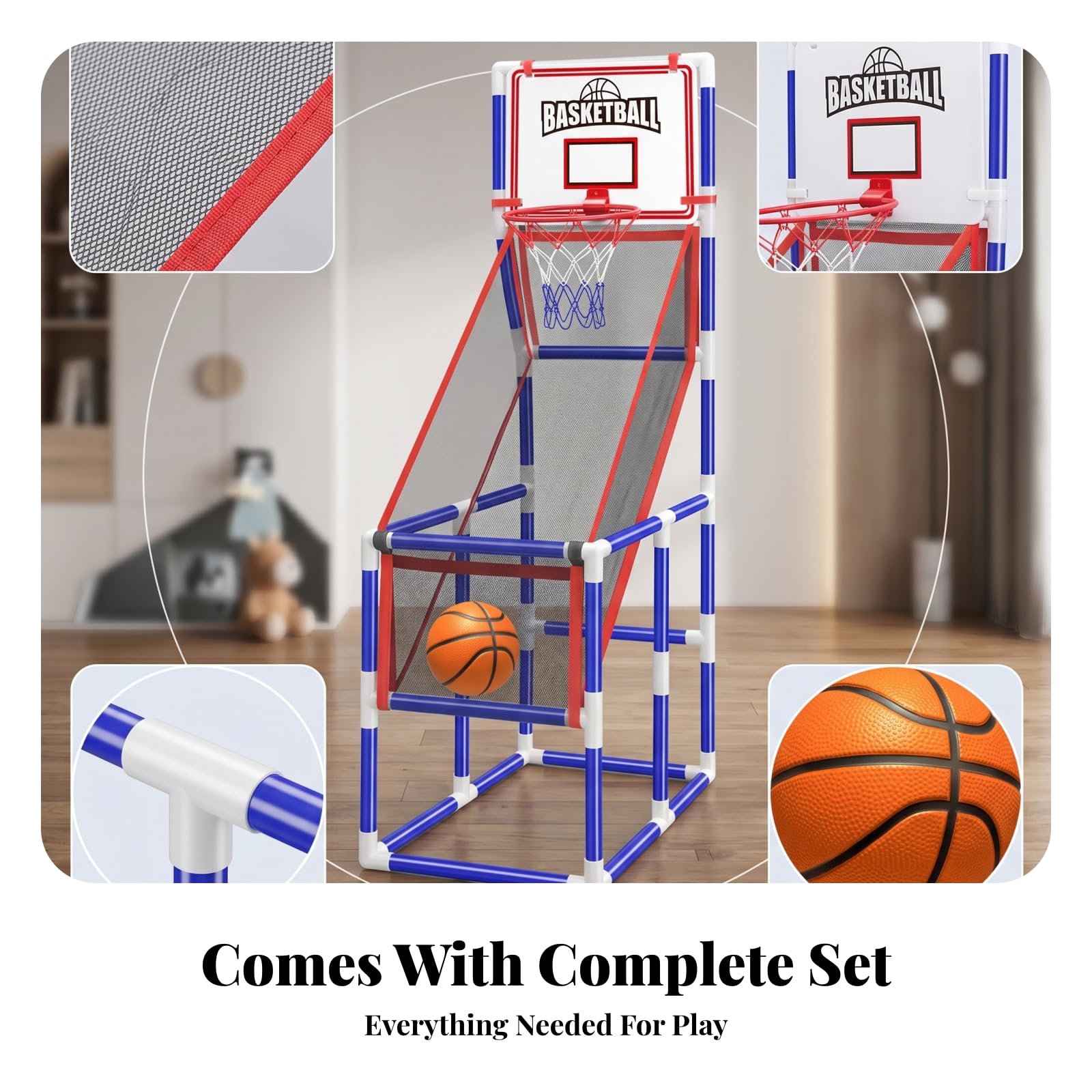 Macchina Canestro Giocattolo Bambini Gioco Basket con Canestro Tabellone Rampa di Ritorno E Restituzione Palla Automatica 4 Palloni E Pompa Adatta per Casa Giardino Compleanni