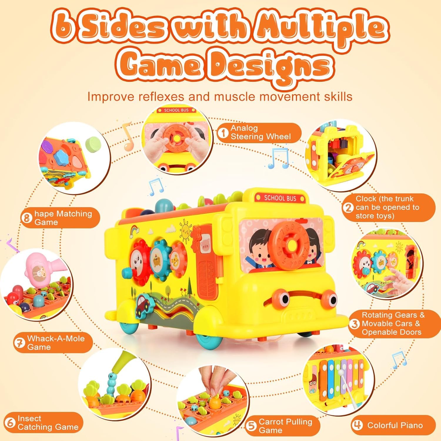 Magicwand® Intelectual Montessori Musical Carrot Harvest,Fishing Shape Sorter Educational School Bus【with 9 Functions】 for Toddlers【Pack of 1 Bus】【Multi-Colored】 - Image 2 thumbnail
