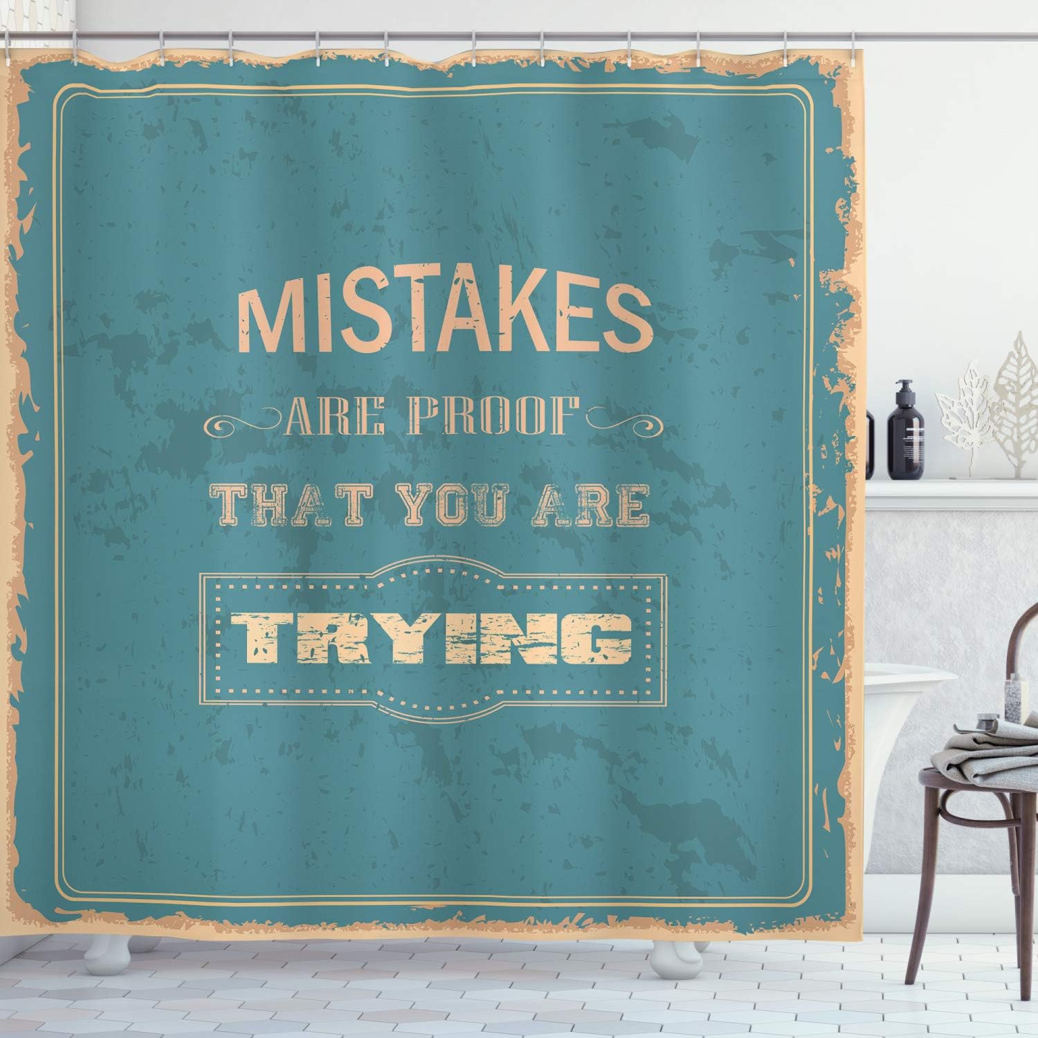 Ambesonne Wording Shower Curtain, Vintage Poster Design with Inspirational Wise Words and Distressed Look, Cloth Fabric Bathroom Decor Set with Hooks, 69" W x 84" L, Sand Brown Teal