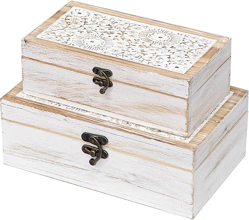 Miniatura 9 de Juego de 3 cajas decorativas de madera, caja de recuerdo rústica con tapa con bisagras y diseño floral tallado, caja de almacenamiento de madera