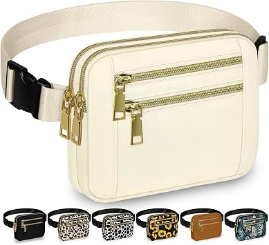 Capolo Fanny Packs for Women Fashion Waist Packs Bag with Adjustable Strap and 4 Zipper Pockets Waterproof Everywhere Crossbody Belt Bag for Workout Running TravellingIvory, Large