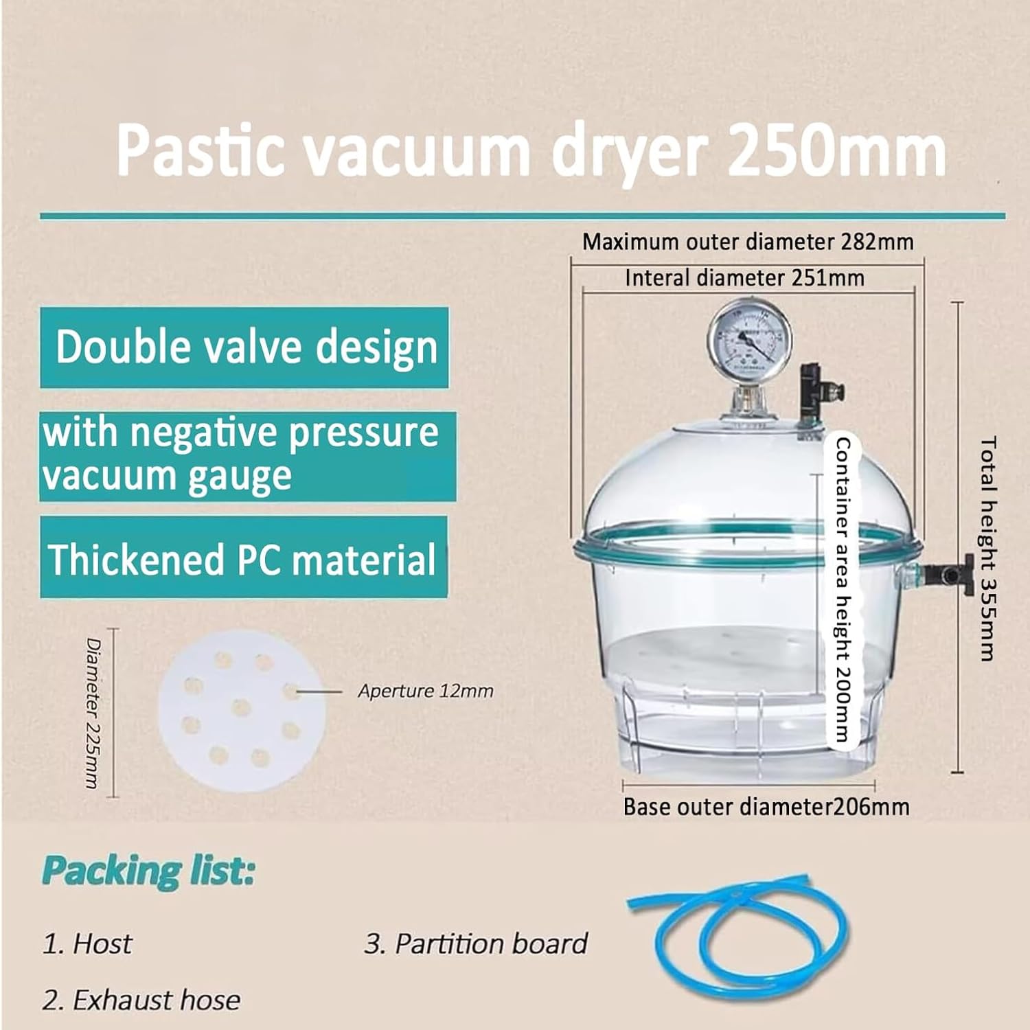 Vakuum-Exsikkator aus Polycarbonat, 150/250 mm, Kunststoff, Vakuum-Trocknerglas, mit Negativdruckanzeige, Doppelventil, zur Aufbewahrung, Trocknung, Lagerung (150 ml)
