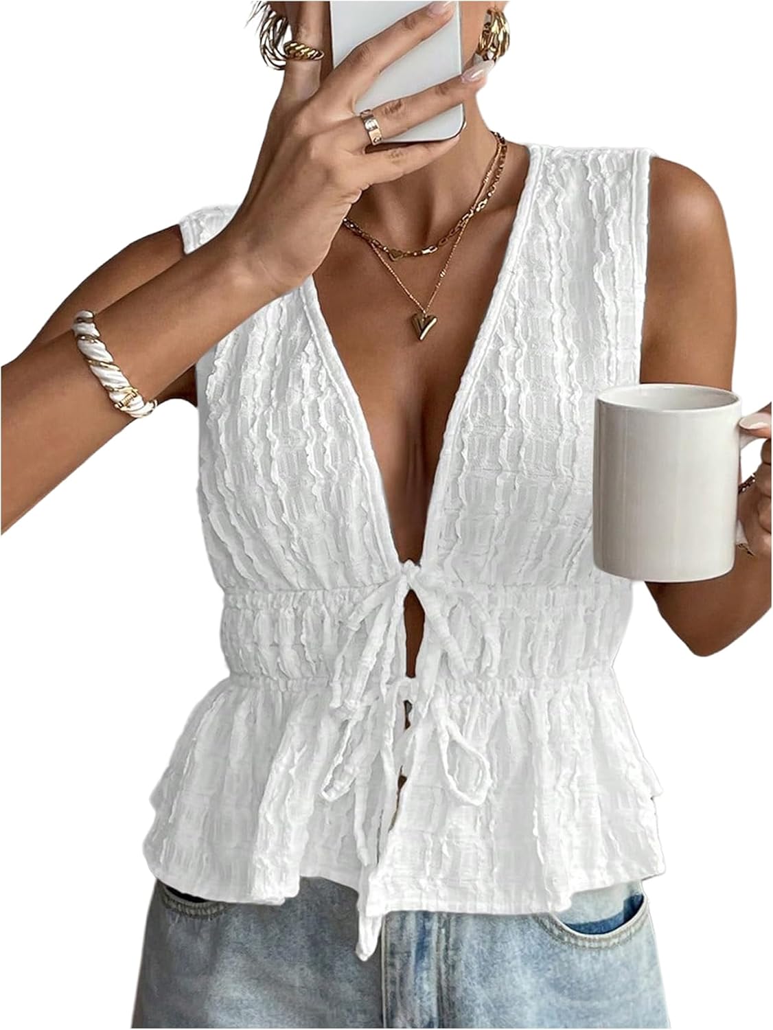 MakeMeChic Women's Tie Front Tank Top Sleeveless Ruffle Hem Crop Going Out Tops