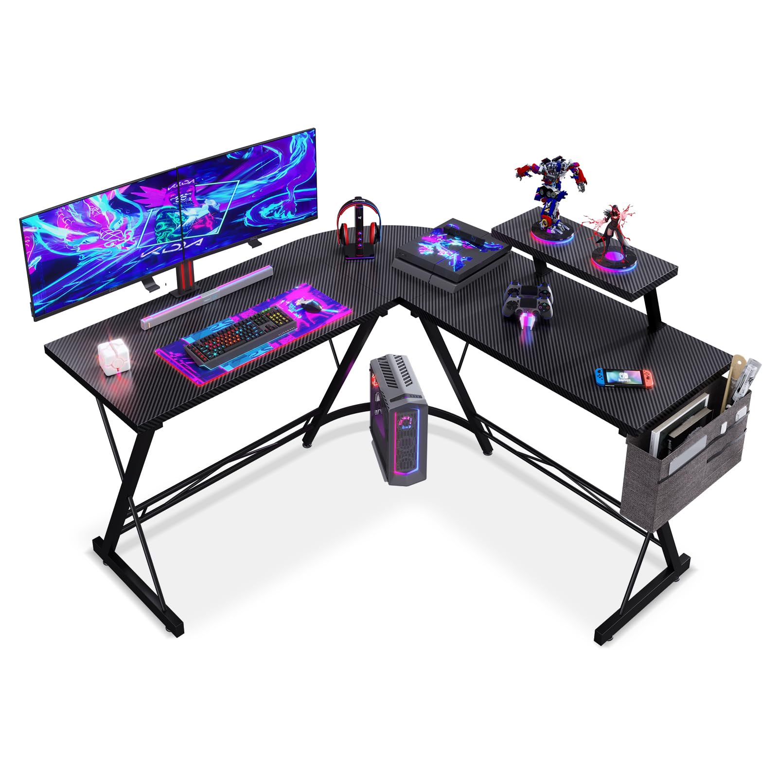 ODK Scrivania Gaming con Supporto per Monitor, Scrivania Gaming Angolare a L con Porta Cuffie per Gamer Nero Fibra di Carbonio 127x127cm