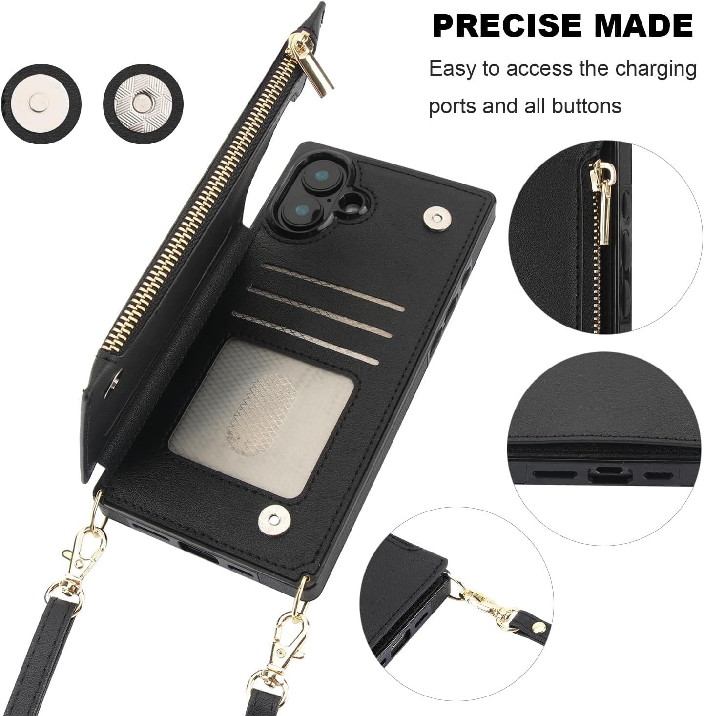 Bocasal Crossbody Wallet Case for iPhone 16 Plus with RFID Blocking Card Slot Holder, Magnetic Flip Folio Purse Case, PU Leather Zipper Handbag with Detachable Lanyard Strap 6.7 Inch 5G (Black)