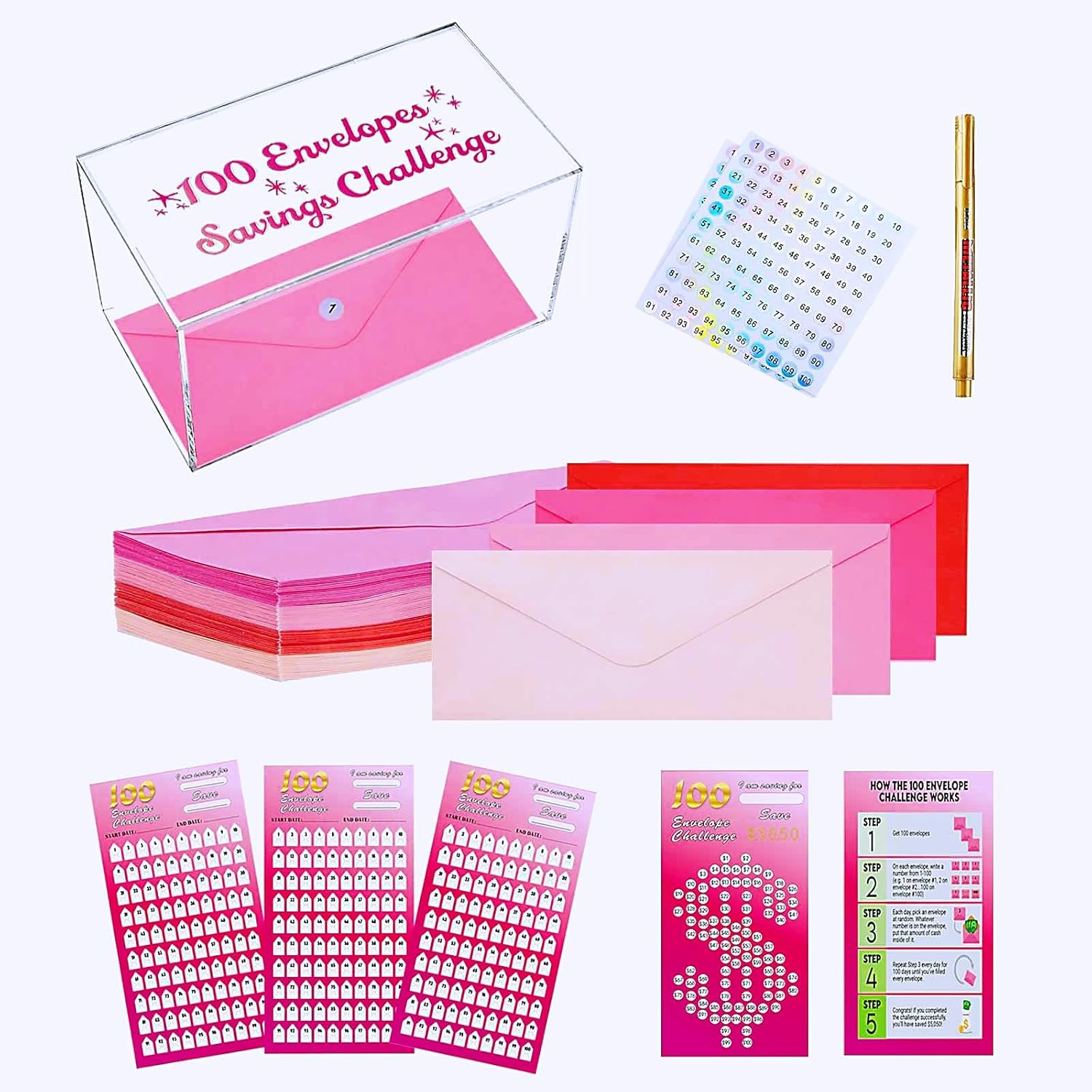 100 Pink Envelope Money Saving Challenge Kit Save 5050