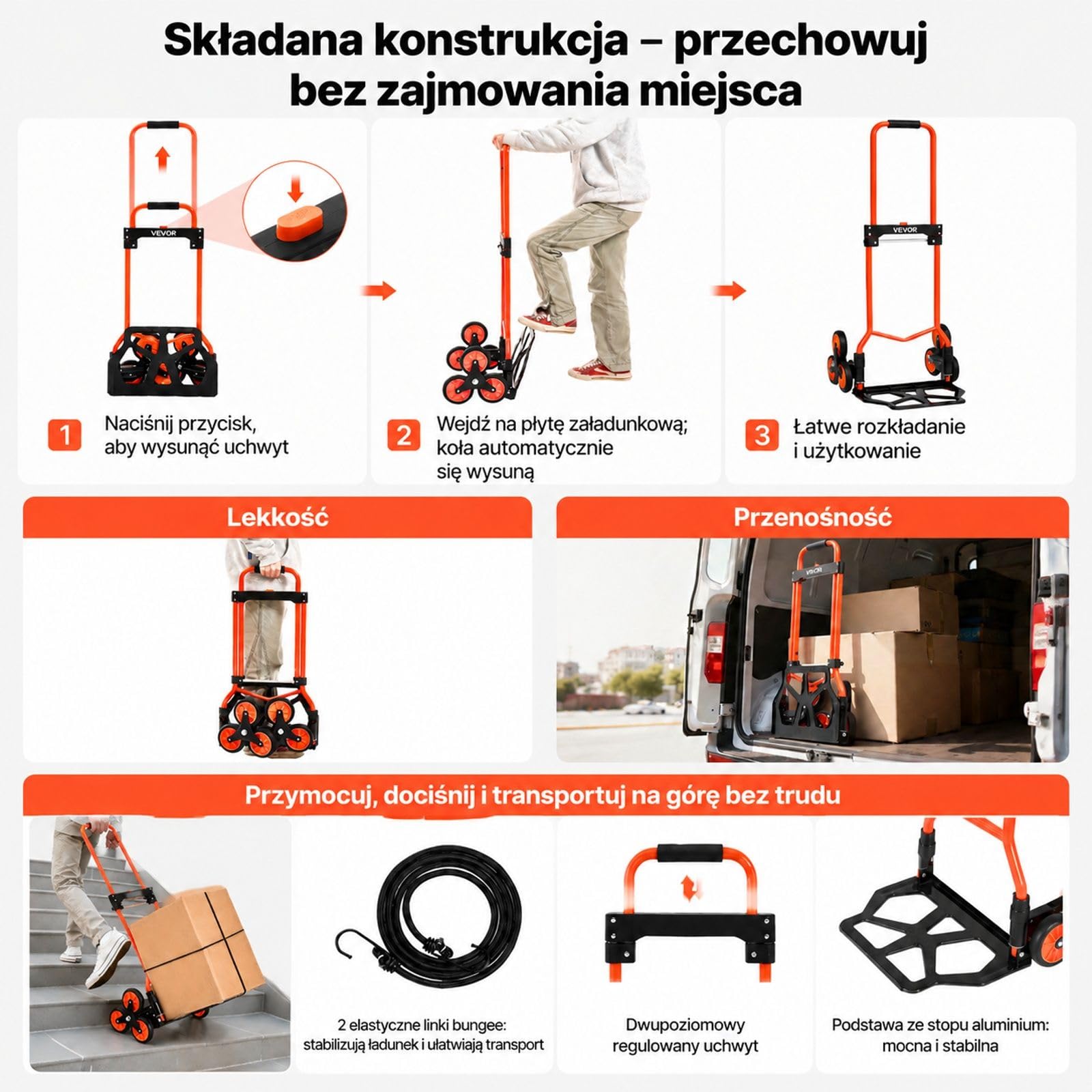 Składany wózek schodowy transportowy, 6 kółek, 2 pasy napinające, teleskopowy uchwyt, rama ze stali węglowej, do domu, zakupów i magazynu