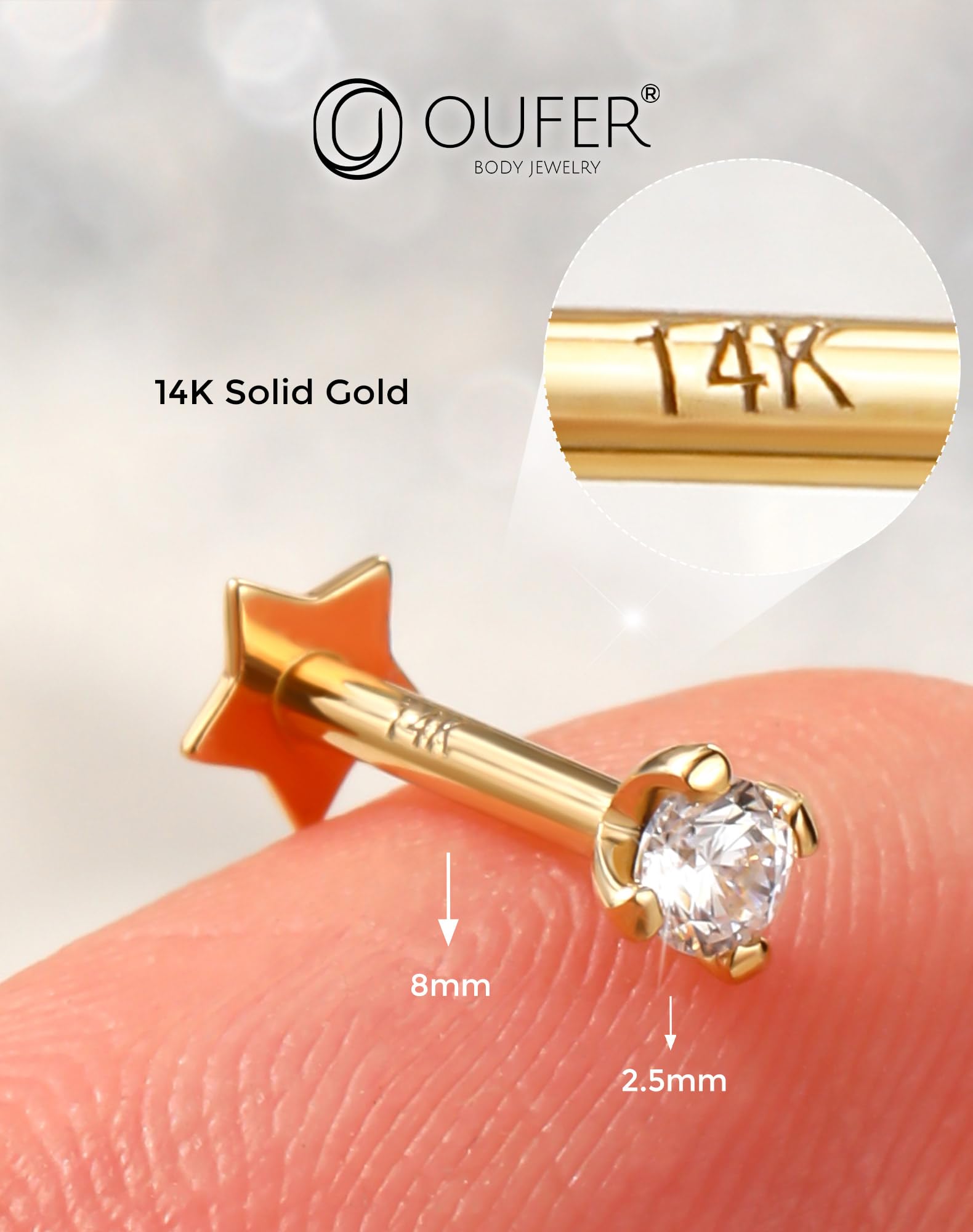 OUFER Body Piercing Labret Piercing Jewellery 6/8mm Lip Stud Push in Cartilage Earring 16G Helix Piercings Threadless Conch Tragus Piercing Jewellery Clear CZ Labret Earrings