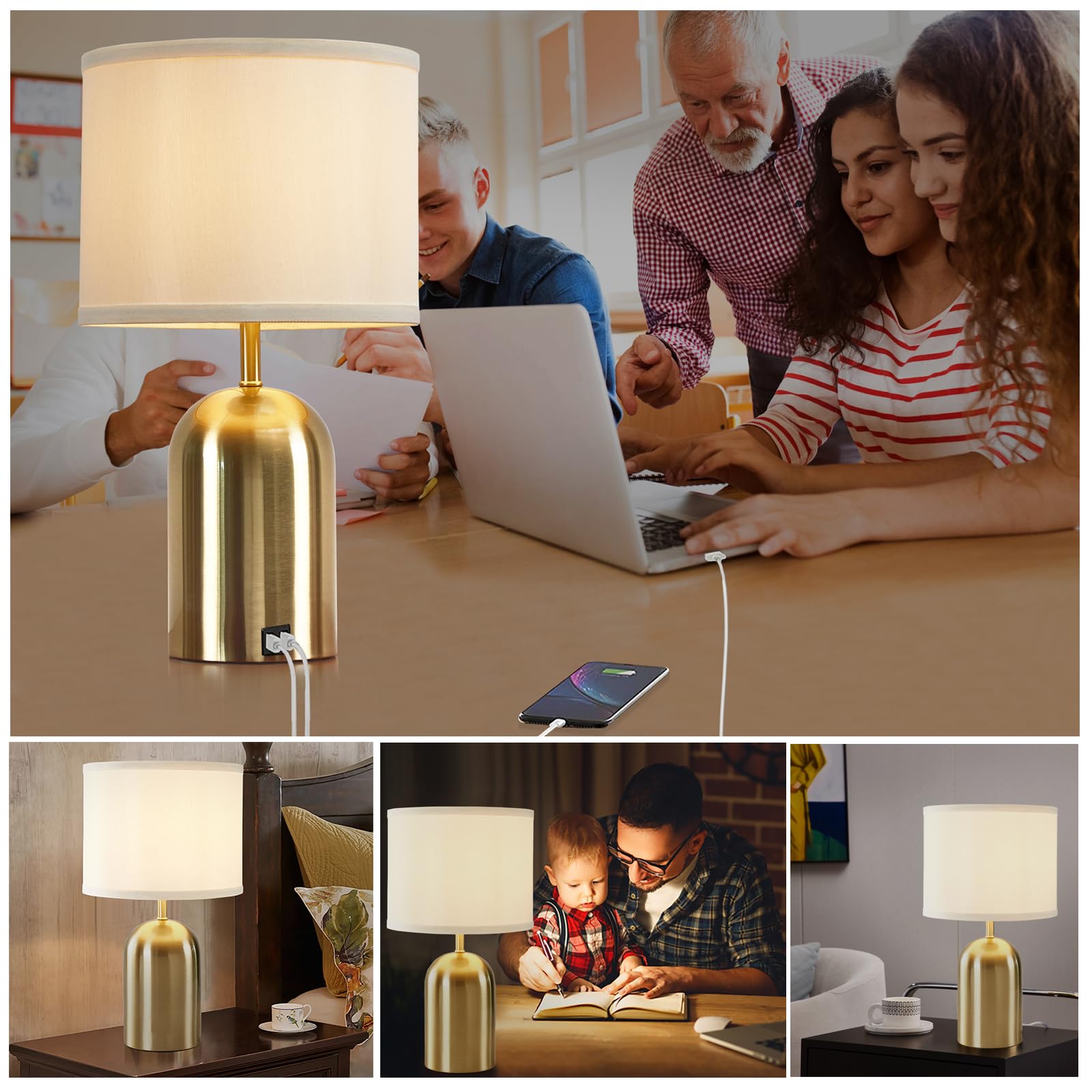 GyroVu Lampada da comodino con porta USB, lampada da tavolo con controllo touch per camera da letto, dimmerabile a 3 livelli, lampada moderna con paralume in tessuto e base dorata per soggiorno