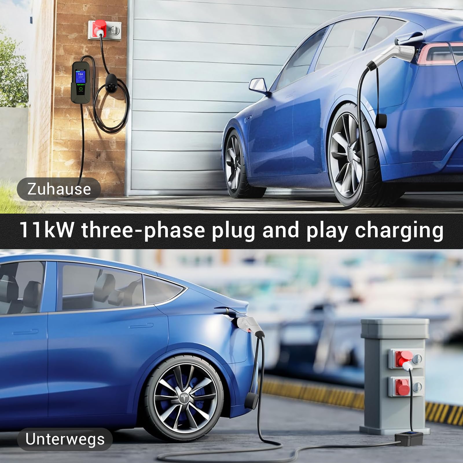 Mobile Wallbox/Ladestation 11kW [3-phasig｜5m Ladekabel] mit Einstellbarer Ladeleistung, Ladekabel CEE 16A und EV Ladegerät für Model Y/3, ID.3/4/5, MG4, EX30, e-tron, Zoe und andere EV