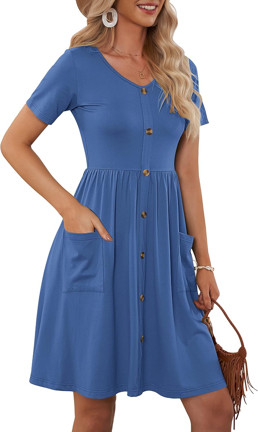 MOLERANI Women Summer Casual Short Sleeve V Neck Dresses Button Down Sundress Beach Vacation with Pockets Travel Outfits - Image 3