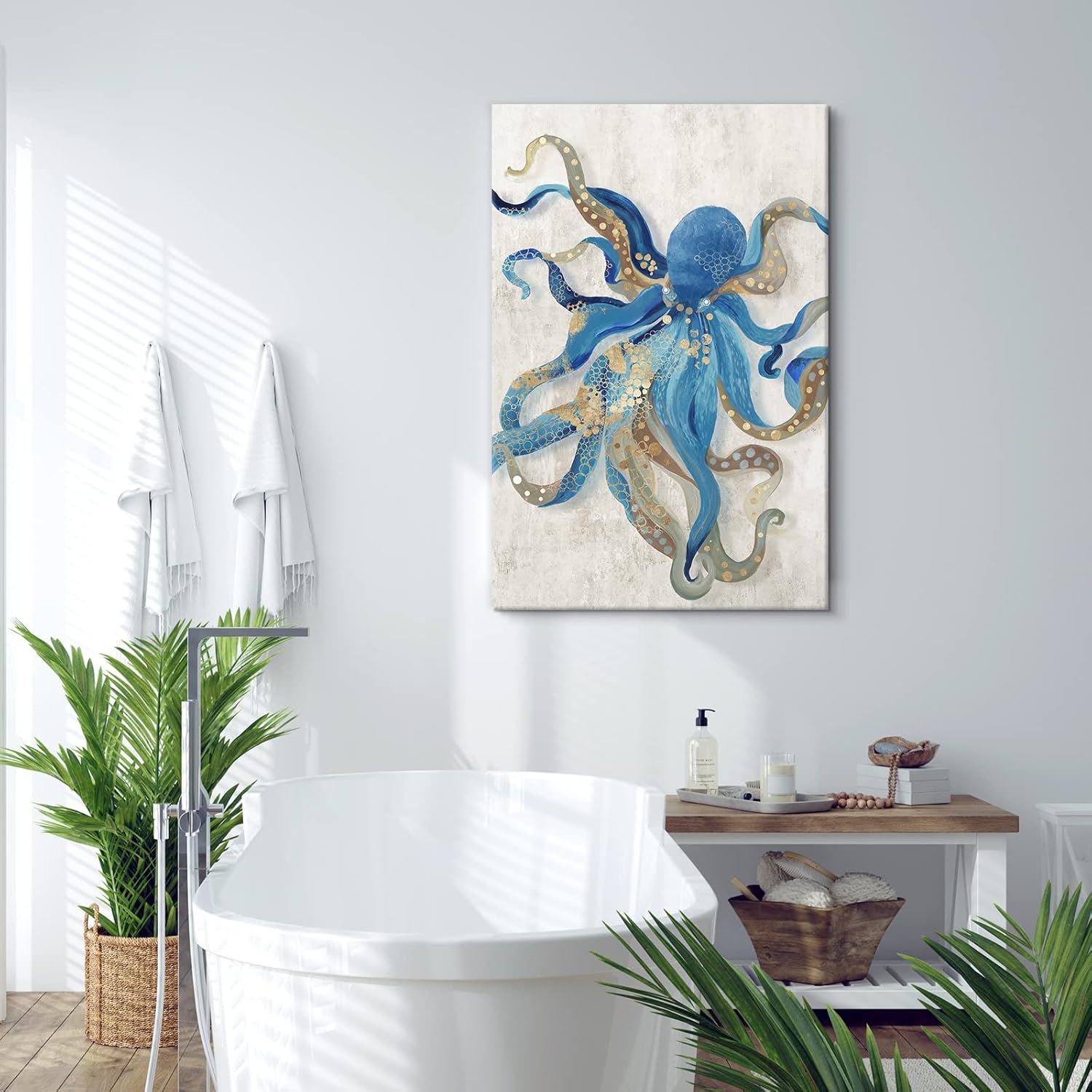 Condition photo showing New/Like New for Octopus Canvas Wall Art Ocean Life Theme Painting Blue and Gold Sea Animal Picture Coastal Artwork Framed Octopus Picture For Bathroom Bedroom Livingroom Wall Decoration 24x36Inch turtle 24\"L x 36\"W