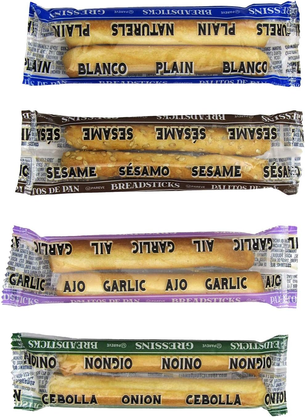 Clown Global Brands Assorted Breadsticks | Plain, Sesame, Onion, Garlic | 500-Count Case | Two Breadsticks per Individually Wrapped Pack | No Additives or Preservatives | Baked to Perfection | Healthy Snacking