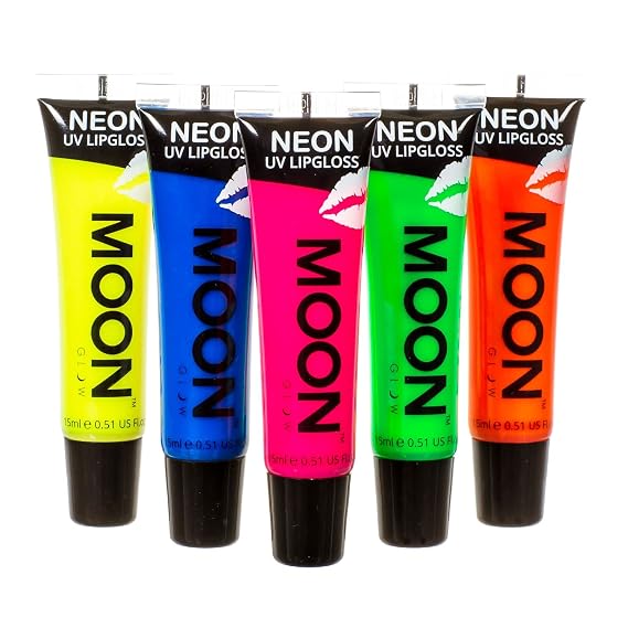 Moon Glow - Blacklight Neon Lip Gloss 0.5oz Set of 5 Scented and glows brightly under UV/Blacklight!