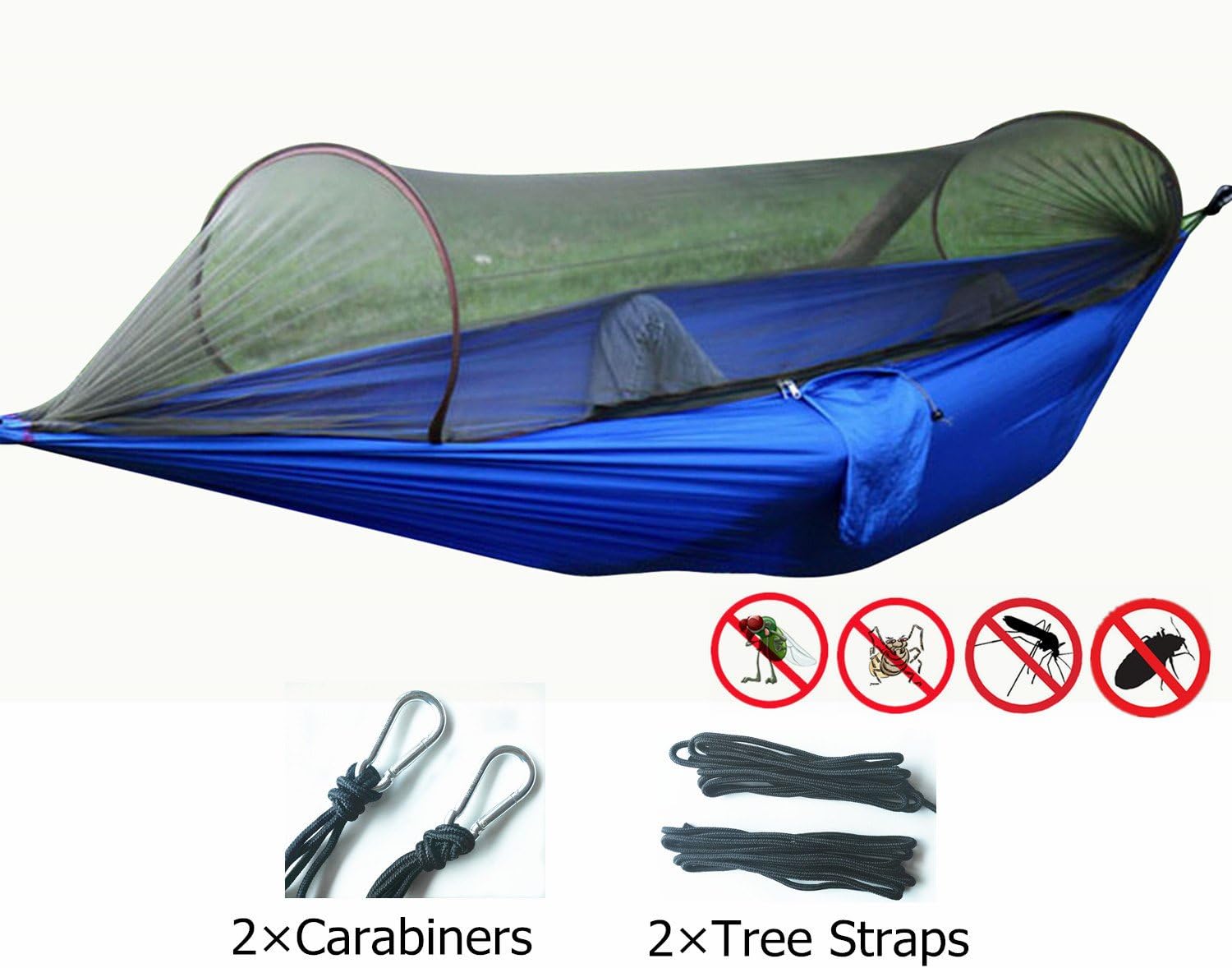 TOMTU 440lbs Portable Lightweight Parachute Nylon Double Camping Hammock with Mosquito Bugs Net and Tree Straps & Hooks Great for Outdoor Yard Backpacking Travel Hiking Beach Relaxing Blue