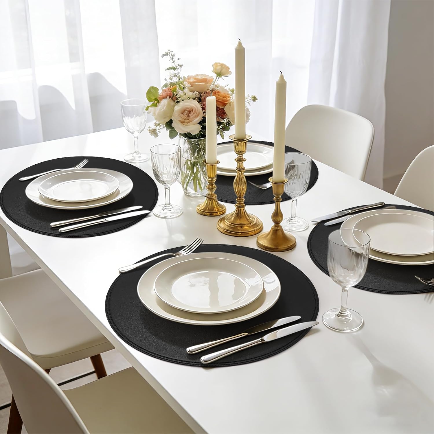 15" Faux Leather Round Placemats Set of 6, Vinyl Heat Resistant Place Mats, Waterproof Wipeable Washable Table Mats for Dining Table Kitchen Decor