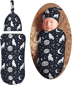 Boho Wolf Newborn Swaddle Blankets Hat Sets Soft Baby Receiving Blanket Swaddle for Baby Shower Infant Boy Girl Gift