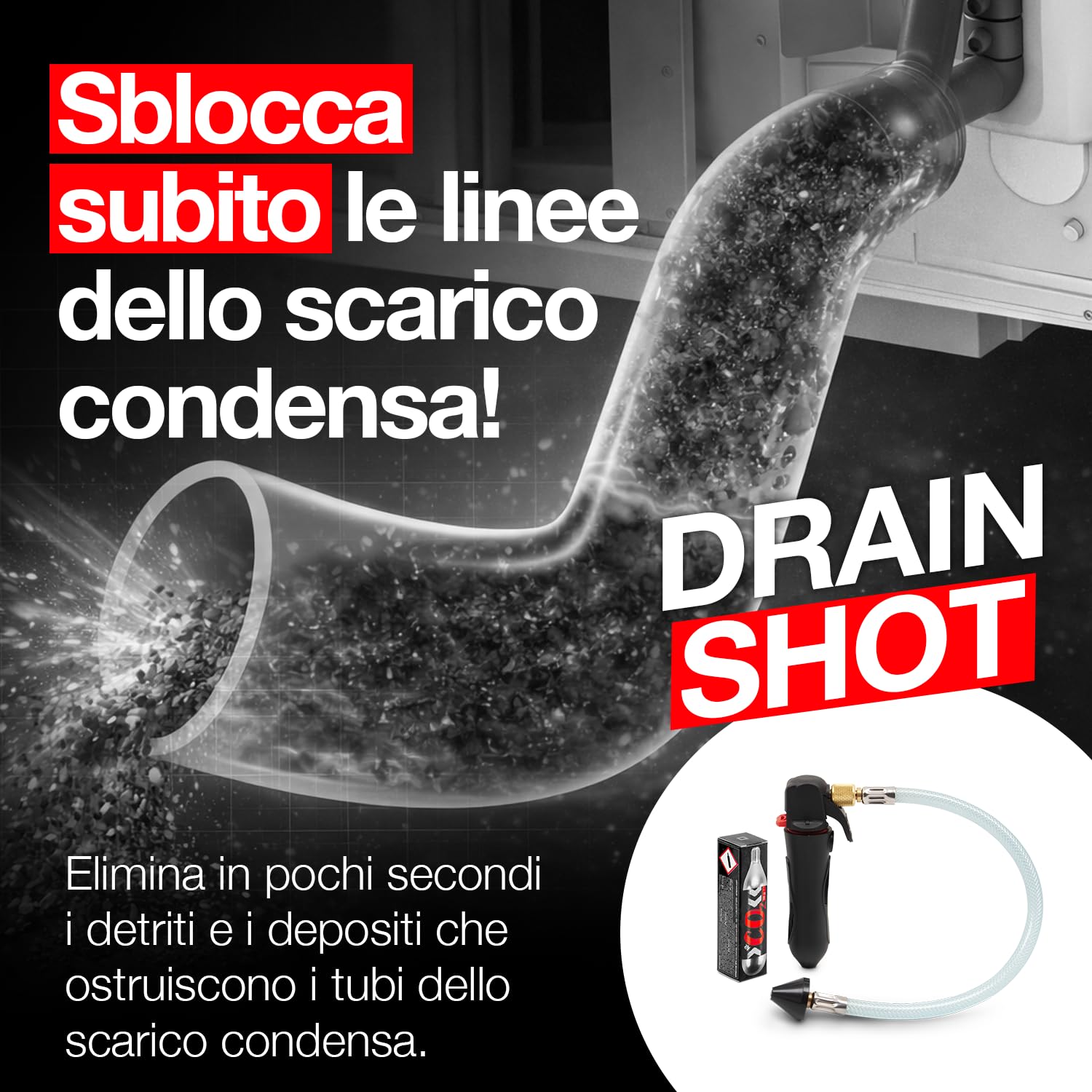 Errecom Drain Shot, Pistola Pulizia Scarico Condensa Climatizzatori – Professionale, Leggera e Portatile sblocca gli scarichi condensa ostruiti, Cartuccia CO2 da 16 g inclusa