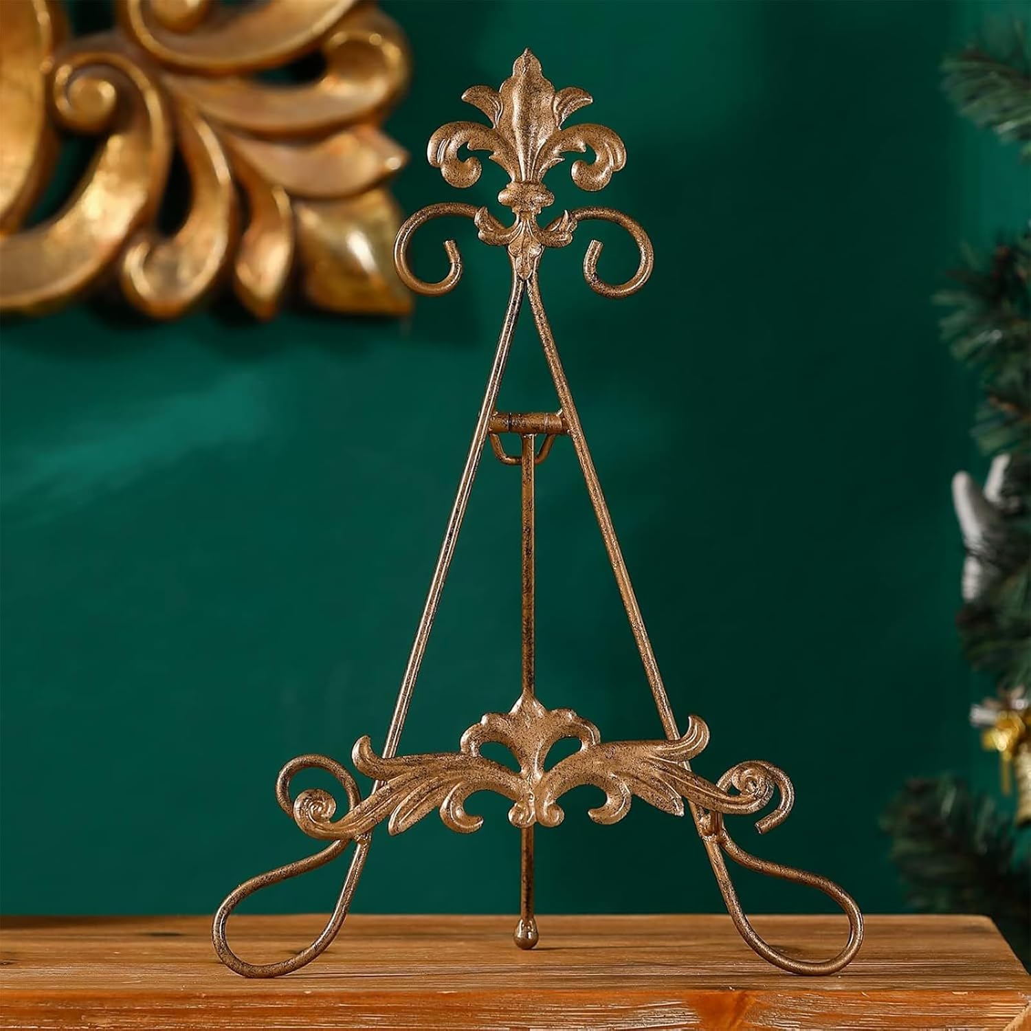 13.8" H Fleur-de-Lis Easel Stand,Metal Book Stand, Plate Holder Display Stand, Picture Frame Stand, Home Decor (Bronze)