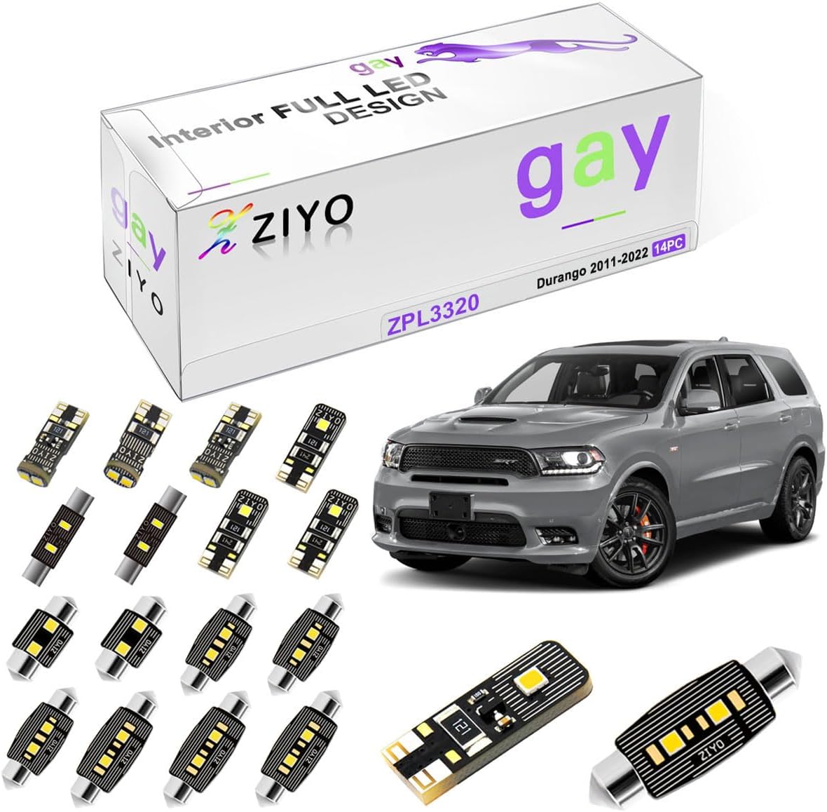 ZIYO ZPL3320 - (14 Bulbs) LED Interior Light Kit Replacement for Dodge Durango 2011-2022, 6000K Xenon White Dome Light Bulbs Upgrade
