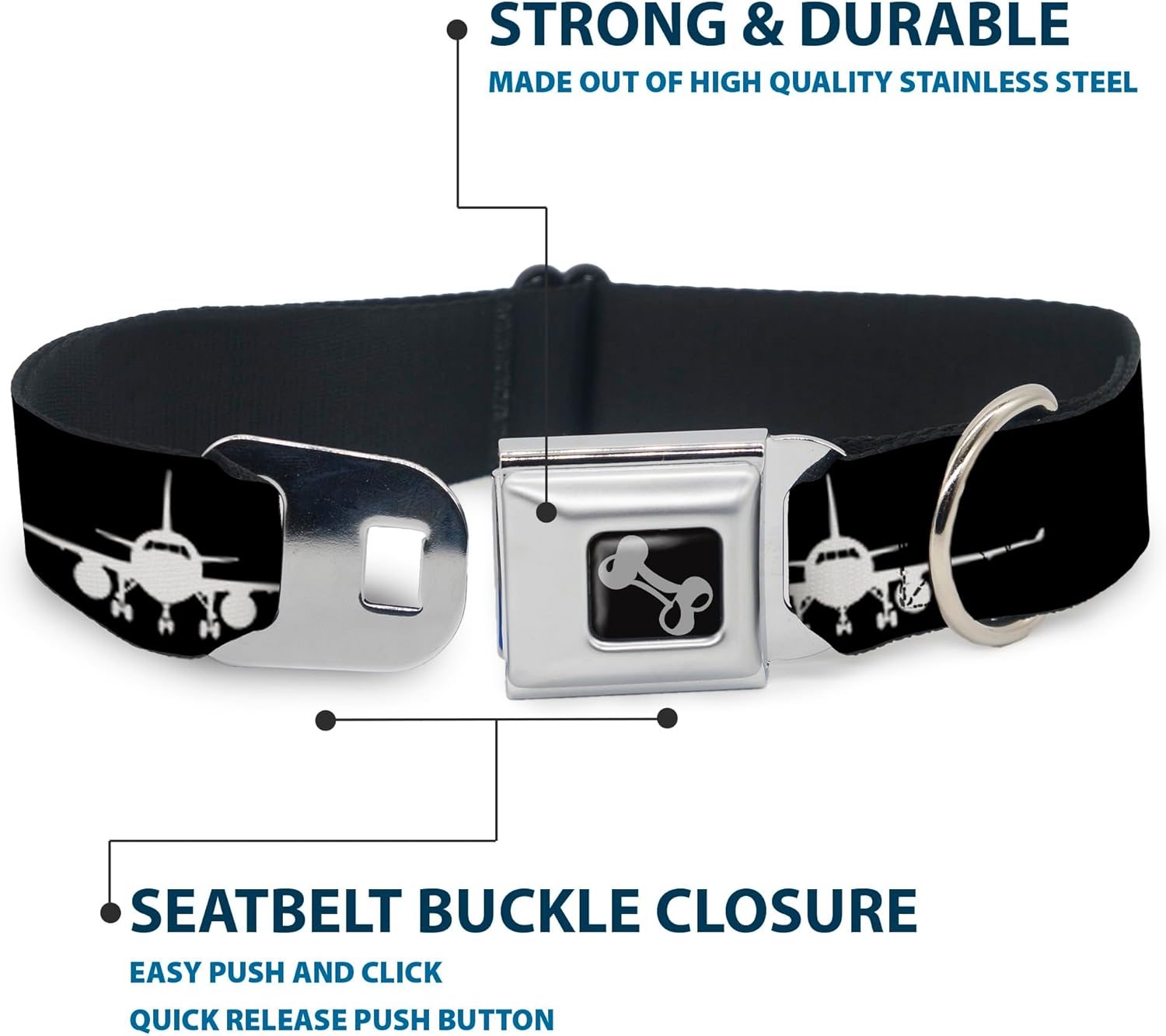 Dog Collar Seatbelt Buckle Airplane Silhouette Black White 16 to 23 Inches 1.5 Inch Wide