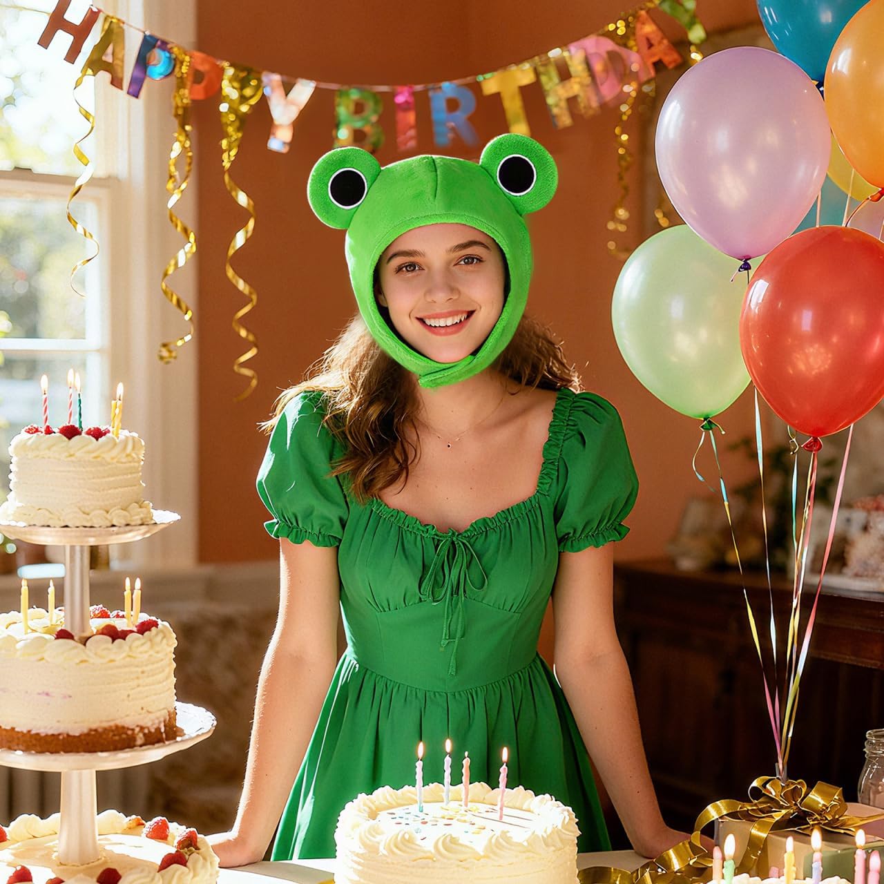 Amosfun Plush Frog Hat Adult, Funny Plush Animal Hat with Big Eyes, Cute Frog Costume Accessories for Adult, Kids Party Dress up Holiday Cosplay Costume (Green) - Image 6