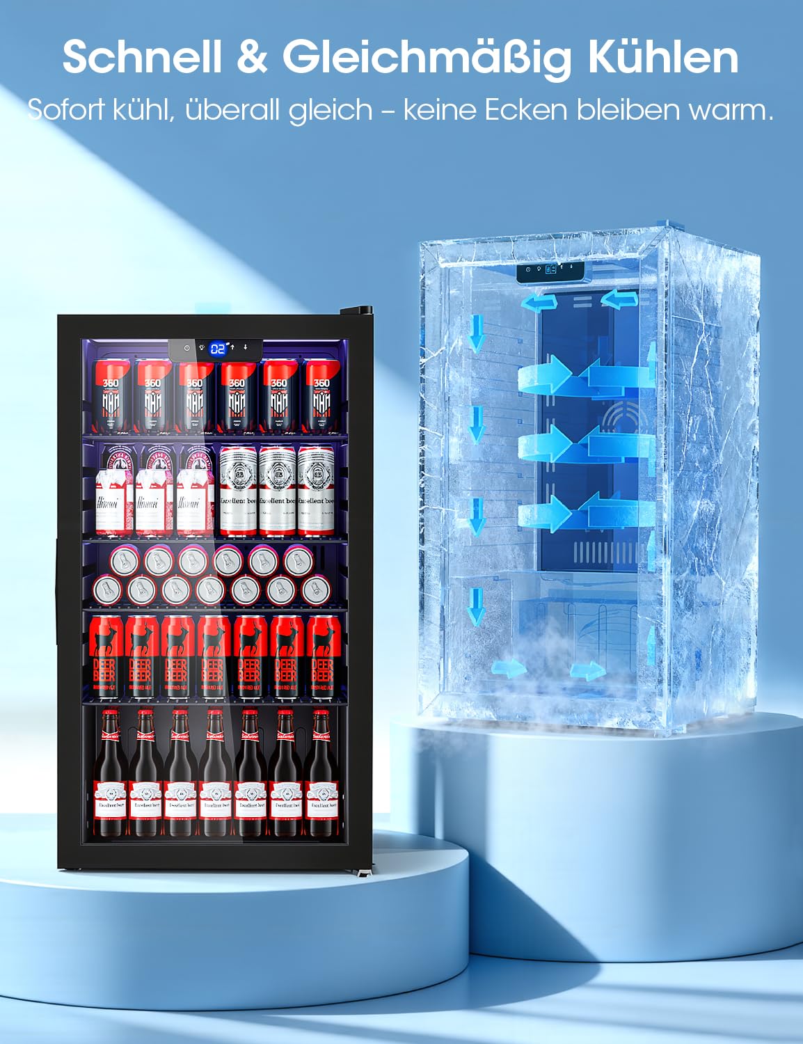 JUMMICO 86L Getränkekühlschrank Frostfrei Leise Energiesparend 126 Dosen 4 Regale
