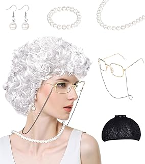 Ubjuliwa Old Lady Costume for Women, Granny Cosplay Wig Set, Granny Costume Cap Glasses, Eyeglass Retainer Chain, Pearl Ne...