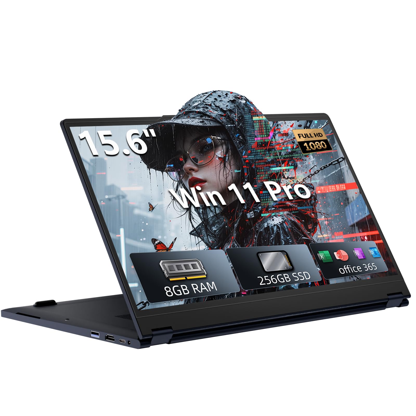 Ordinateur Portable 15,6 Pouces 2-en-1 - PC Portable Win 11, 8Go RAM 256Go SSD, Laptop avec Processeur Core i3 8100Y, Écran Tactile IPS FHD 360° Rotation, Graphiques Radeon, Léger avec HDMI Type-C