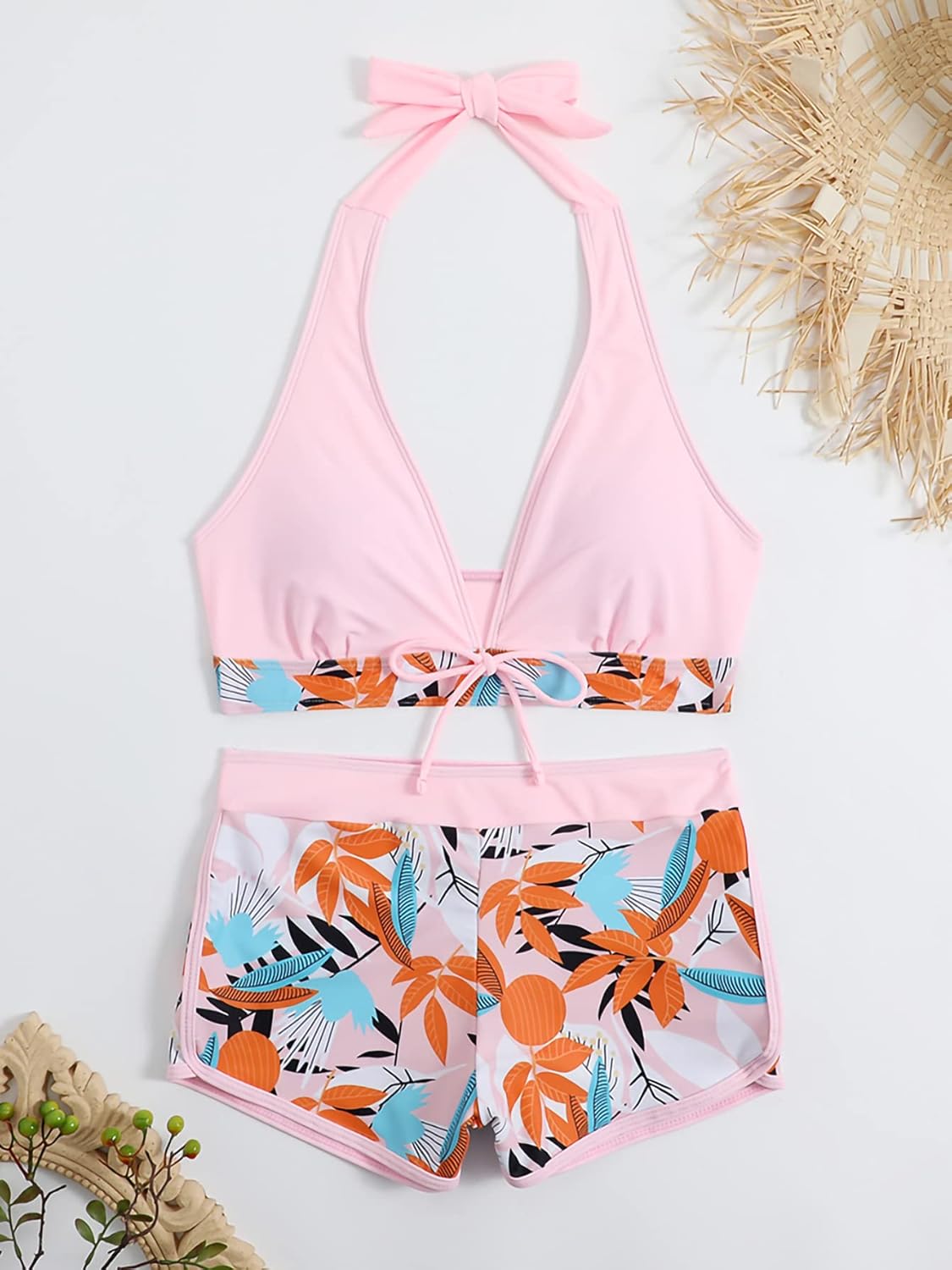 Women Two Piece Swimsuit Bathing Suits Floral Tropical High Waisted Beachwear Board Shorts Halter Tops - Image 8
