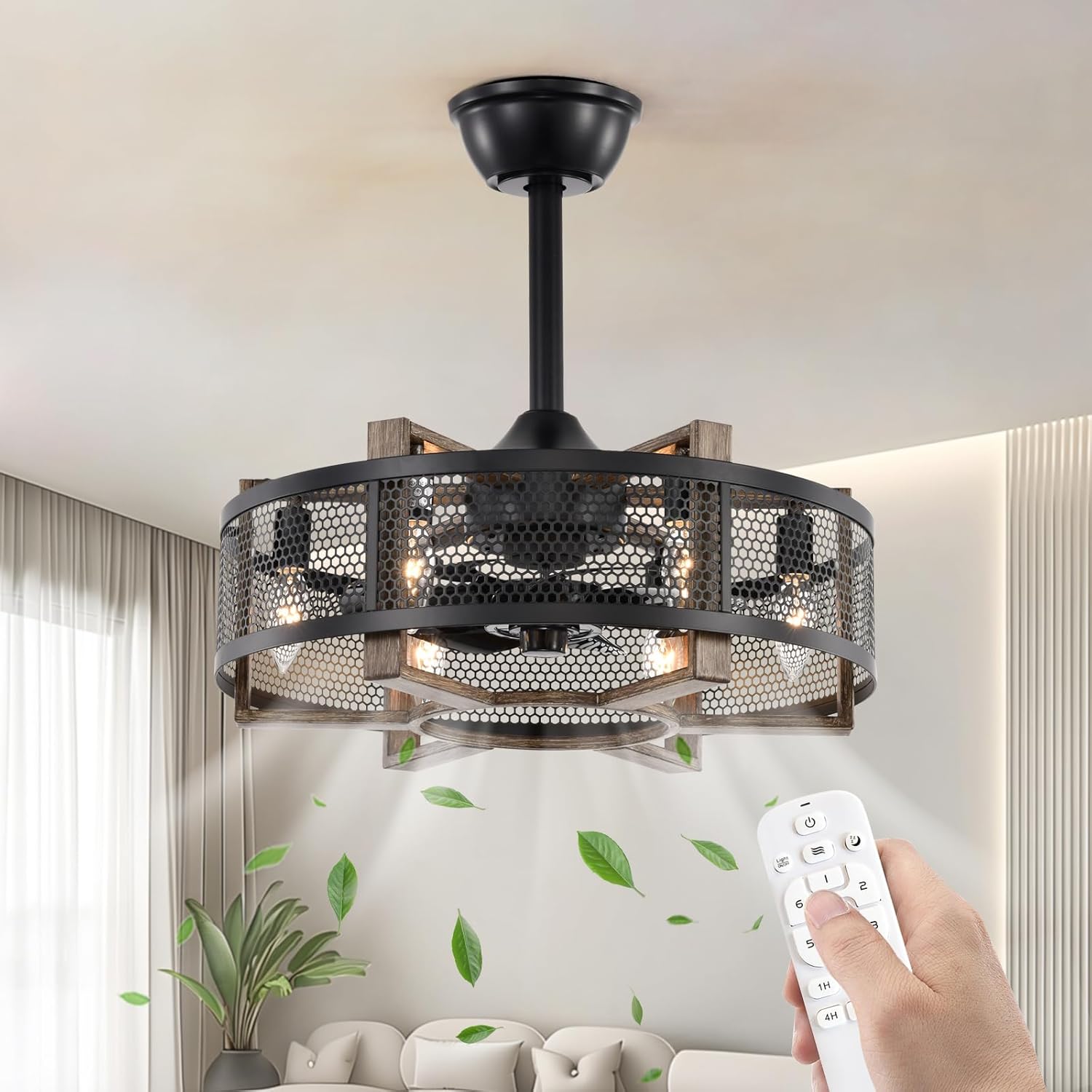 Maxax 19" Caged Ceiling Fan with Lights, Farmhouse Fan Lights Ceiling with Remote, 6 Speeds, Black Flush Mount Rustic Ceiling Fans for Dining Room, Living Room,Kitchen