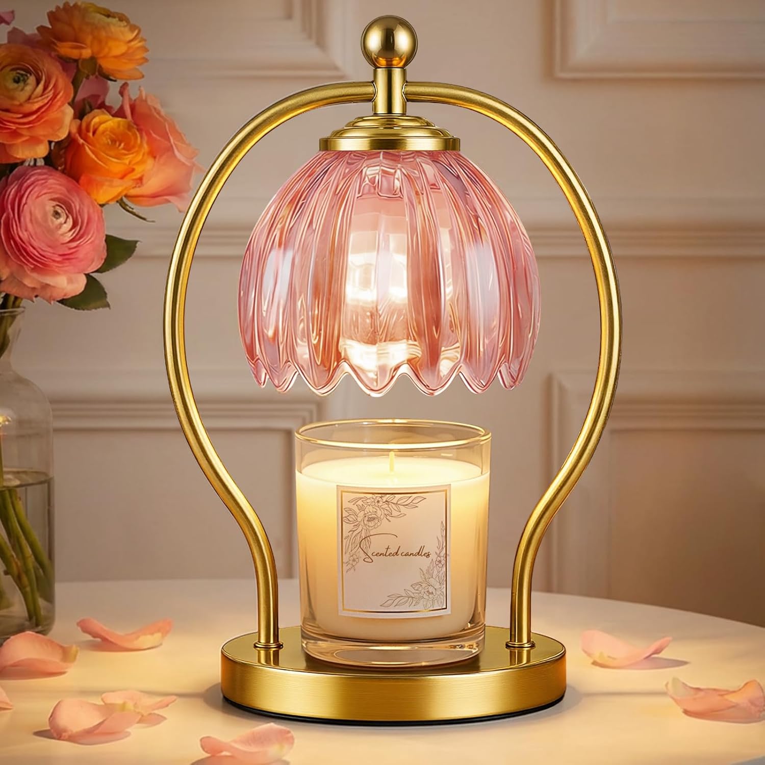Candle Warmer Lamp, Dimmable Candle Warmer with Timer, Vintage Candles Wax Warmers for Jar Candles Christmas Birthday Gifts for Women Mom, New Home Decor for Bedroom Living Room, Gold Pink