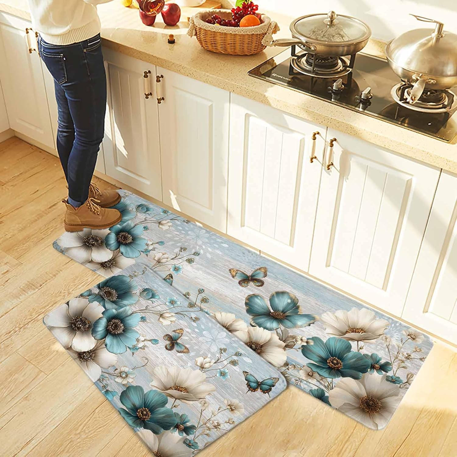 Teal Tulip Butterfly Kitchen Rugs and Mats Set of 2, Non-Slip Kitchen Sink Mat, Beige Turquoise Floral Farmhouse Blue Washable Doormat Bathroom Rugs Runner for Bedroom 23.6"x35.4"+23.6"x70.9"
