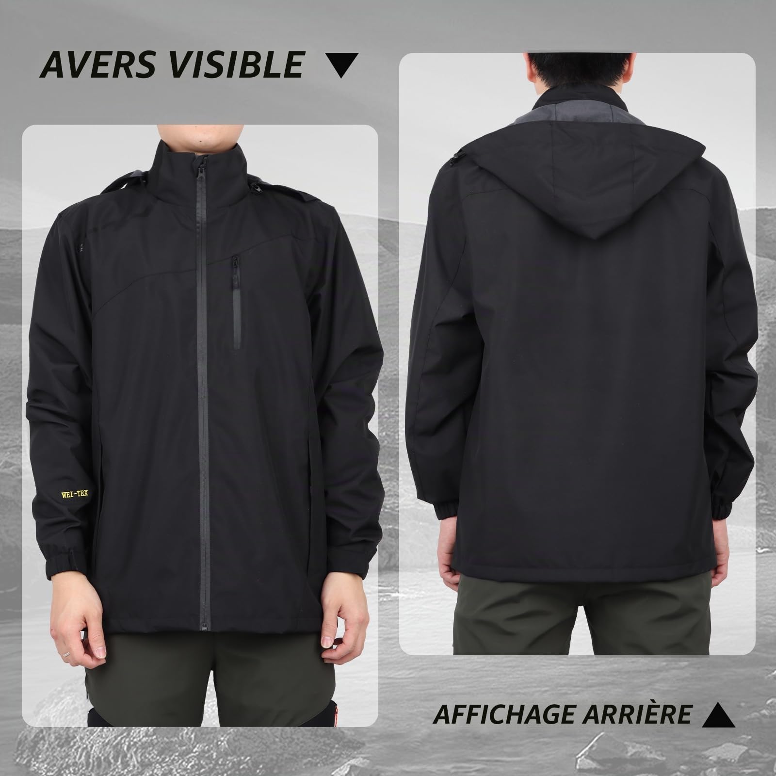 Hommes Extérieur Imperméable Veste de Pluie Respirante Doublée de Randonnée Manteau de Pluie Coupe-vent Avec Capuche Détachable et Poche à Fermeture éclair