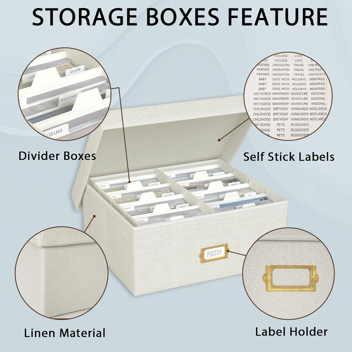 Decorative Photo Storage Box - 2 Pack Linen Photo Box Organizer with Dividers, Fits Holds Up to 1700 Pictures and 4x6 Photos, Memory Keepsake Organizer for Scrapbook Supplies, Cards, Stamps (Beige)