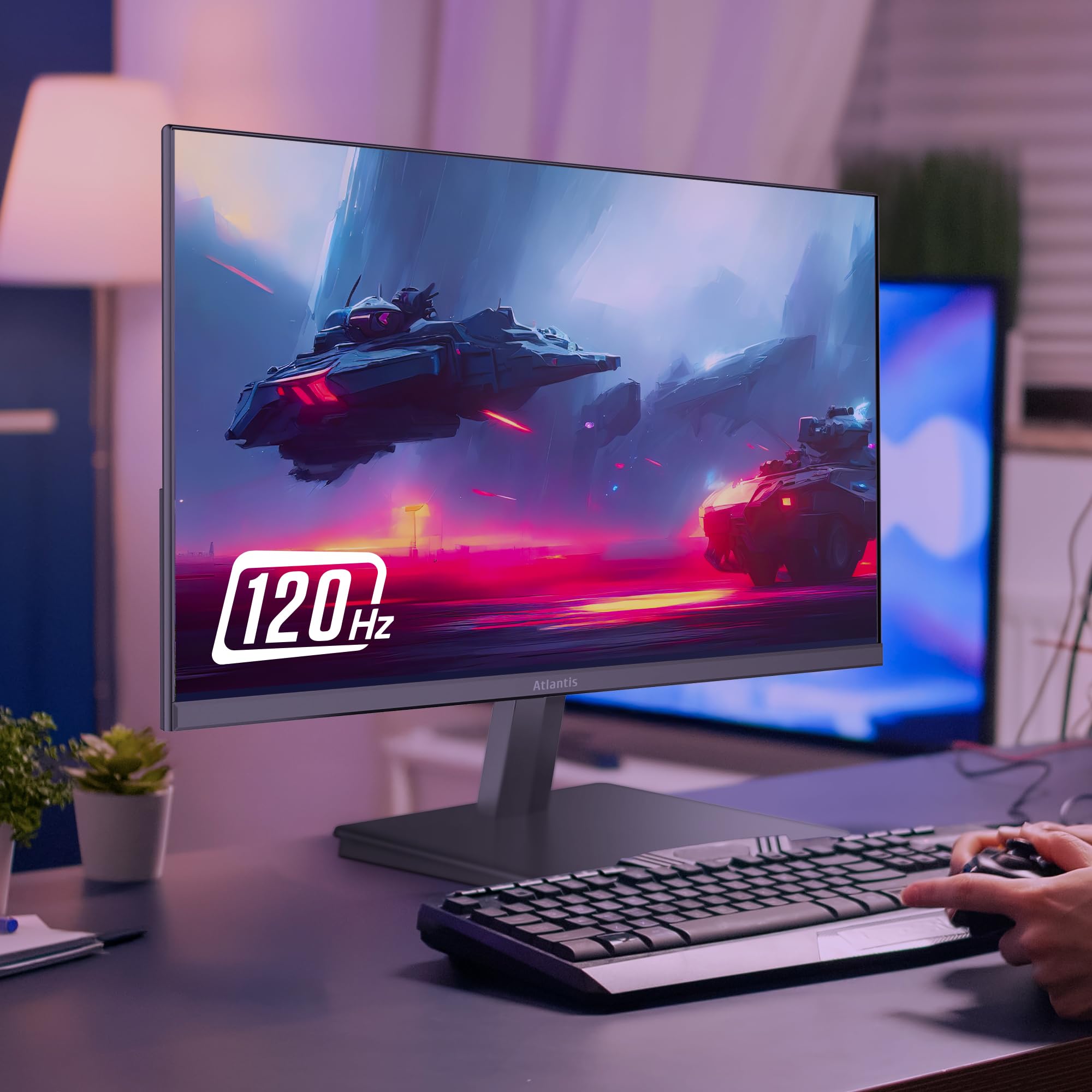 Atlantis Monitor 24 pollici, schermo 24" VA 120Hz, Full HD 1920x1080, VGA HDMI, MULTIMEDIALE, FreeSync, Uscita Audio/Cuffie, inclin, risposta 5ms, Contrasto 4000:1, Angolo 178/178, Cavo HDMI 1,5m