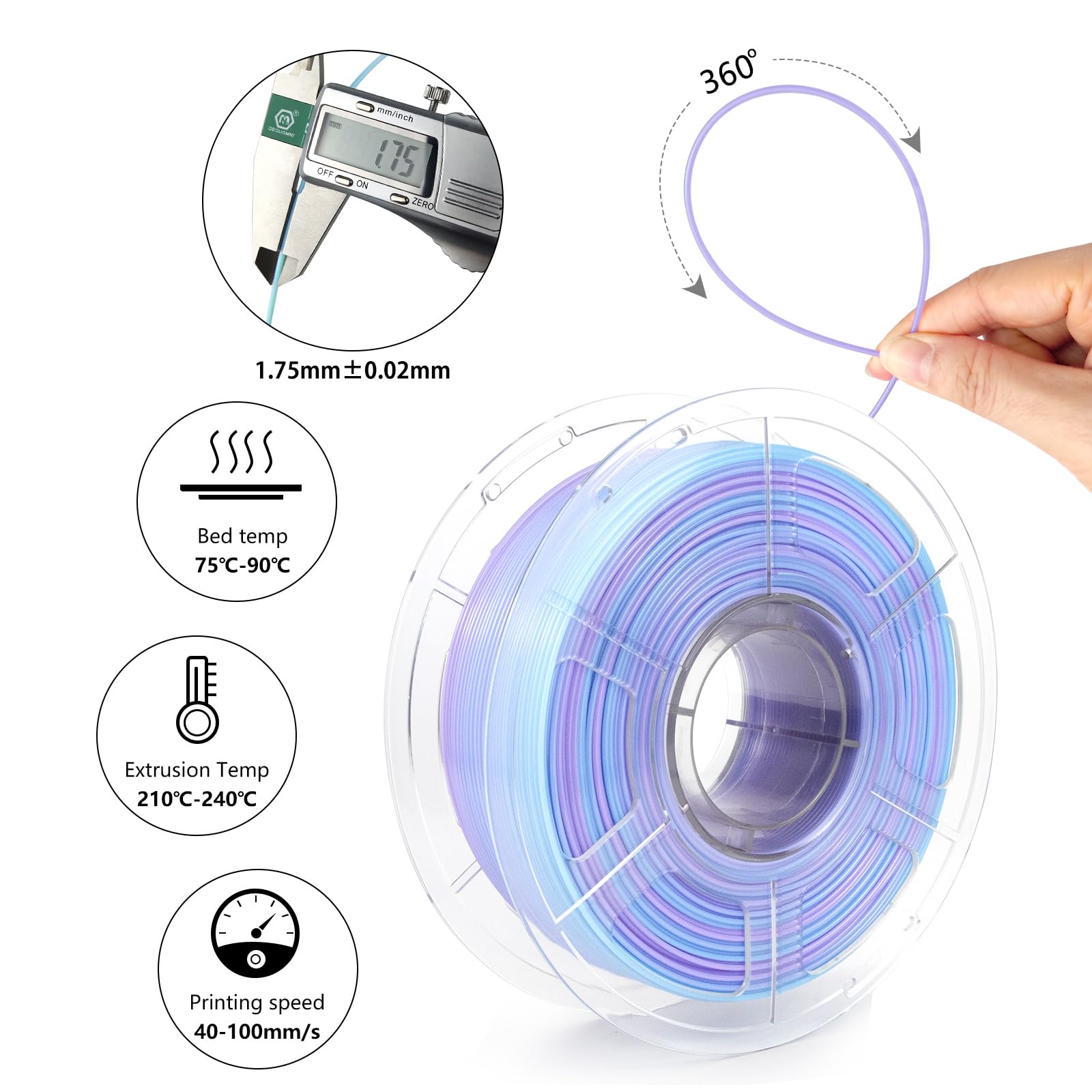 IEMAI PETG Filament 1.75mm 1Kg, Translucide Dégradé Bleu Violet PETG Filament Pour Imprimante 3D, Précision Dimensionnelle +/- 0.02mm