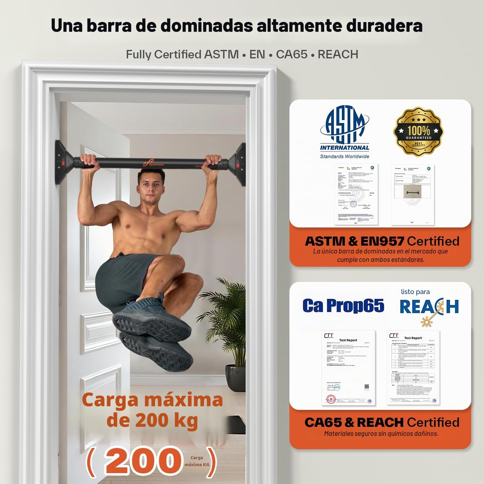 Sportneer Barra de dominadas para puerta, barra de dominadas, sin tornillos, marco de puerta, barra ajustable de 75 a 94 cm, hasta 200 kg de capacidad, barra de entrenamiento