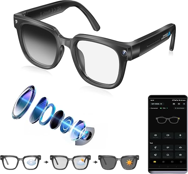 Gafas Inteligentes con Cámara, Captura de Fotos y Video 4K, Traducción en Tiempo Real | Cámara Bluetooth HD de 8MP, Asistente IA con Reconocimiento de Objetos, Audífonos Abiertos, Viajes, Trabajo, Vlog (Fotocromáticas)