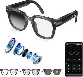 AI Smart Glasses with Camera,4K Photo & Video Capture,Real-Time Translation | 8MP HD Bluetooth Glasses Camera, AI Assistant with Object Recognition, Open Earbuds, Travel, Work, Vlog (Photochromic)