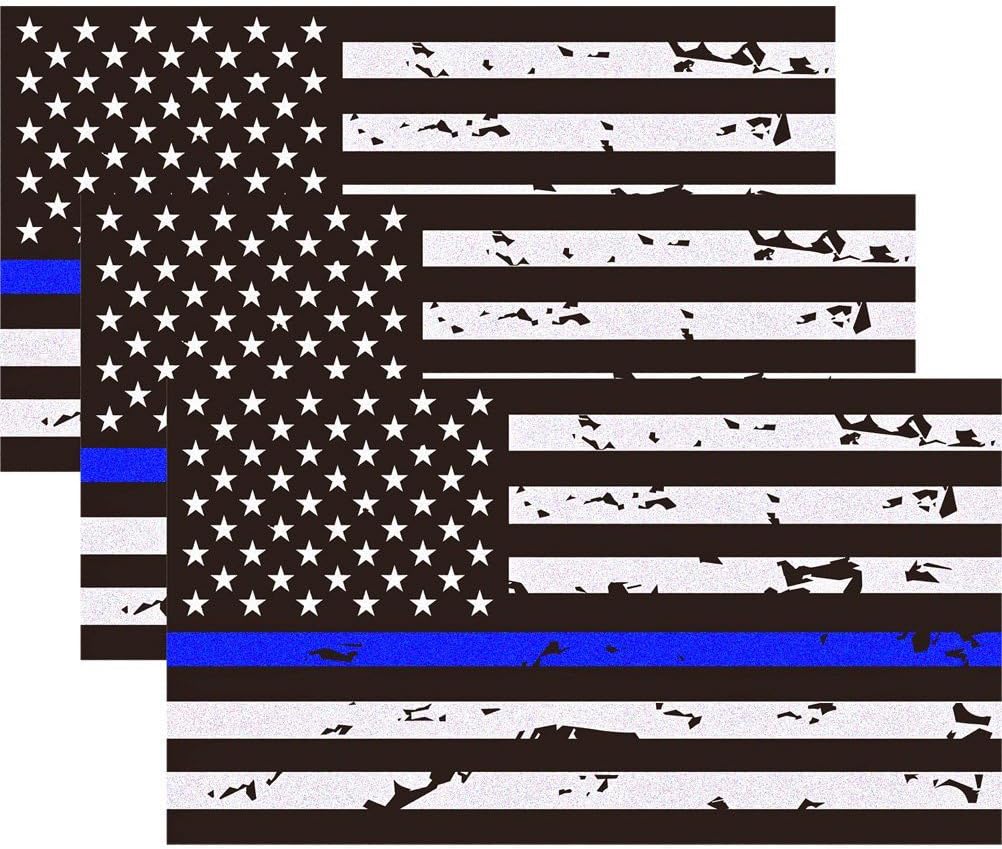 3 Pack Reflective New Tattered Thin Blue Line US Flag Decal Stickers | Compatible with Cars & Trucks, 5" x 2.7" American USA Flag Decal Sticker Honoring Police Law Enforcement Vinyl Window Bumper Tape