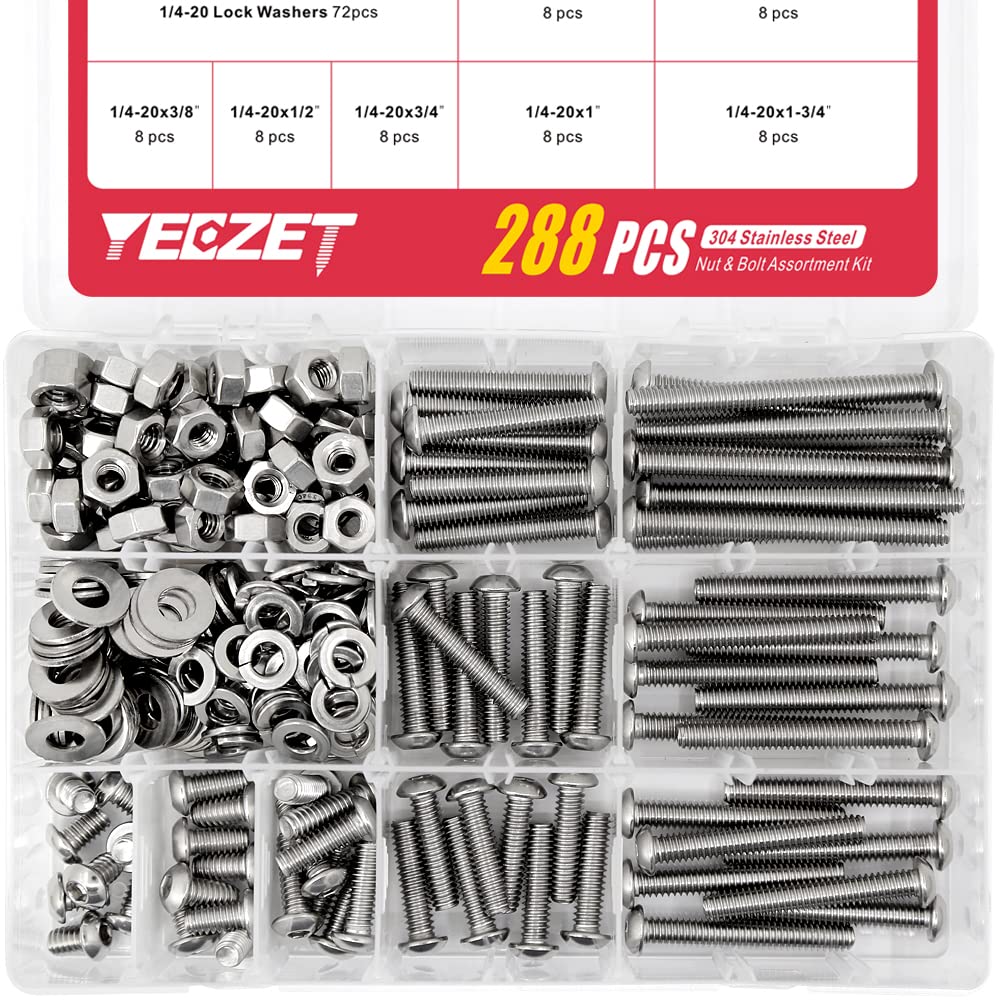YEEZET288PCS 1/4-20 Button Head Socket Cap Bolts Screws and Nuts Washers Assortment Kit, 304 Stainless Steel 18-8, Includes 9 Most Common Sizes, Fully Machine Thread
