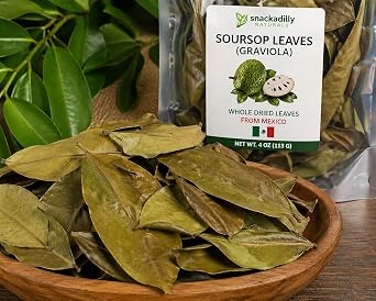 Snackadilly Whole Dried Soursop Graviola Leaves for Tea, 100% Natural, 5oz Resealable Bag 450+ Fresh Leaves (140 Cups!), Jamaican Soursop, Wildcrafted Graviola, Guanabana, Hoja Guanabana Herbal Tea