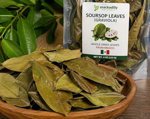 Snackadilly Whole Dried Soursop Graviola Leaves for Tea, 100% Natural, 5oz Resealable Bag 450+ Fresh Leaves (140 Cups!), Jamaican Soursop, Wildcrafted Graviola, Guanabana, Hoja Guanabana Herbal Tea