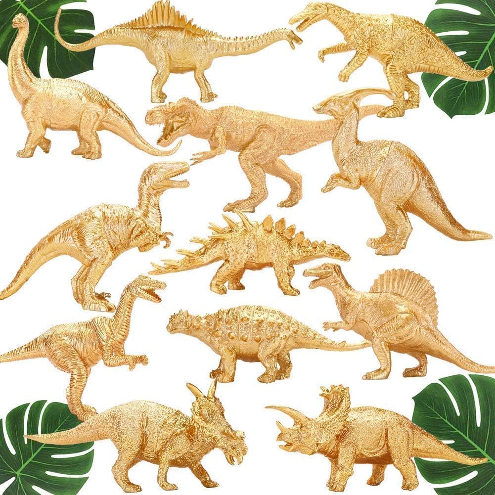 BOLZRA Metallic Gold Plastic Dinosaurs Figurine Toys, 12PCS Golden Dinosaur Figures for Boys Girls, Baby Shower, Bridal Shower Decorations, Kids Dino Themed Birthday Party Supplies Cake Topper
