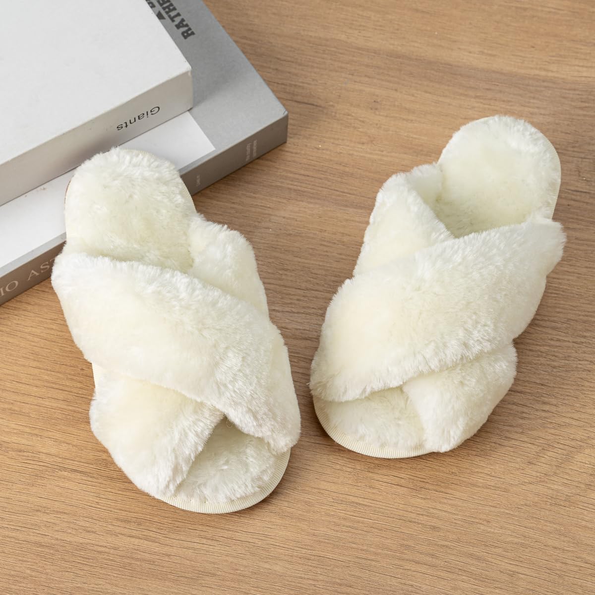 Enteer Girls Fluffy Slippers Memory Foam Soft Plush Cross Band House Shoes Indoor Outdoor Slip On