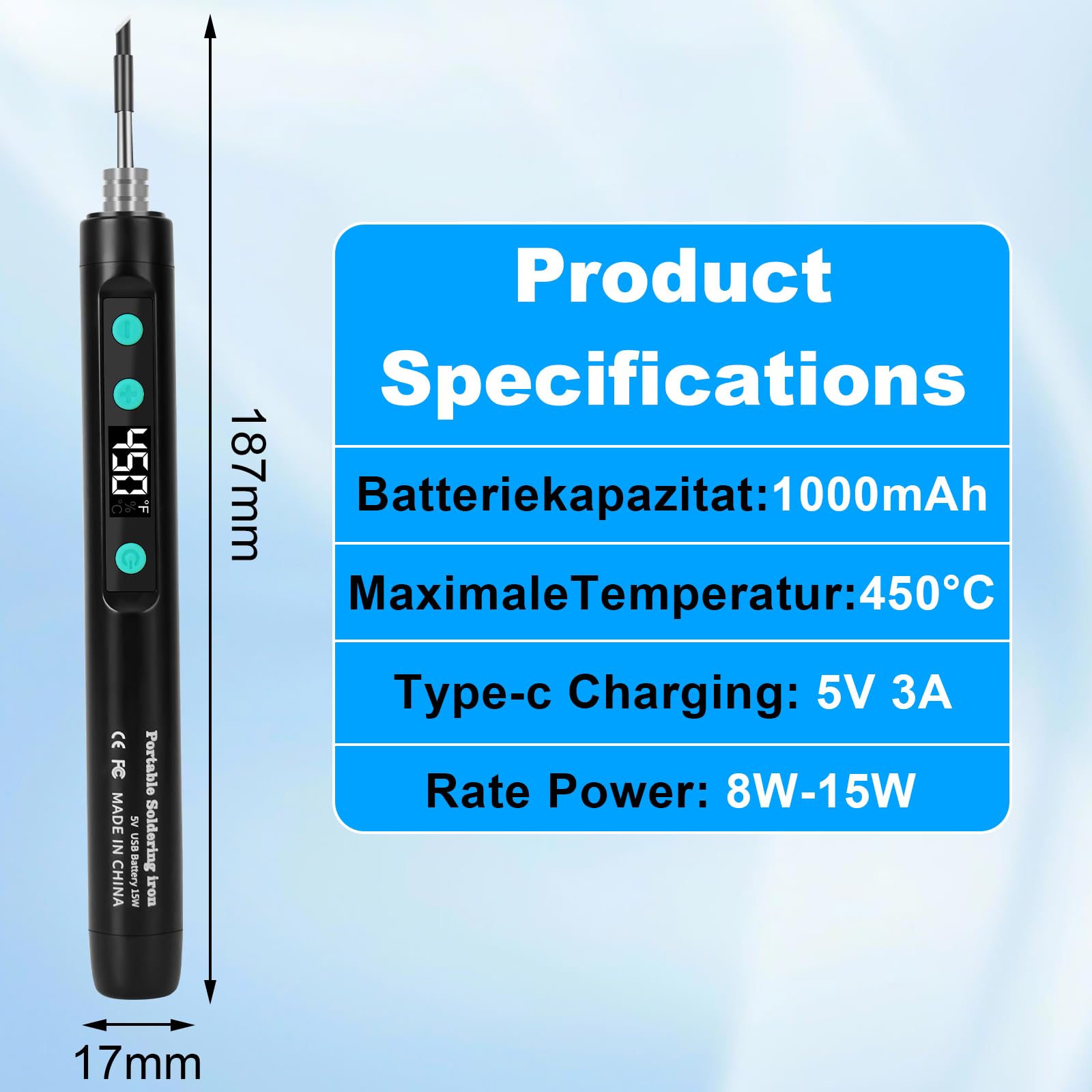 Kit di Saldatura Ricaricabile USB 180-450℃ Senza Fili con 3 Punte di Ricambio