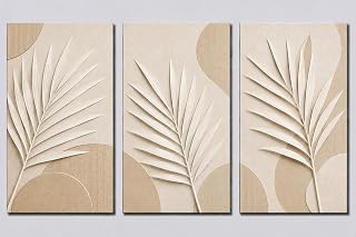 ICE ARMOR X-Large Set of 3 White Palm Leaf Wall Art Neutral Botanical Canvas Print Modern Scandinavian Decor 24x36 Inch Frameless Canvas Print - Ready to hang